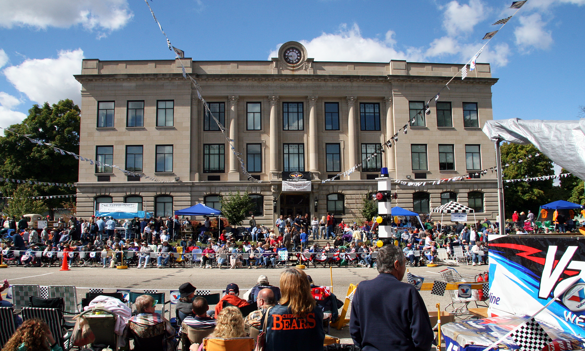 The east face of the Vermillion County Courthouse in Newport, Indiana, photographed from Main Street during the 2009 Newport Antique Auto Hill Climb.