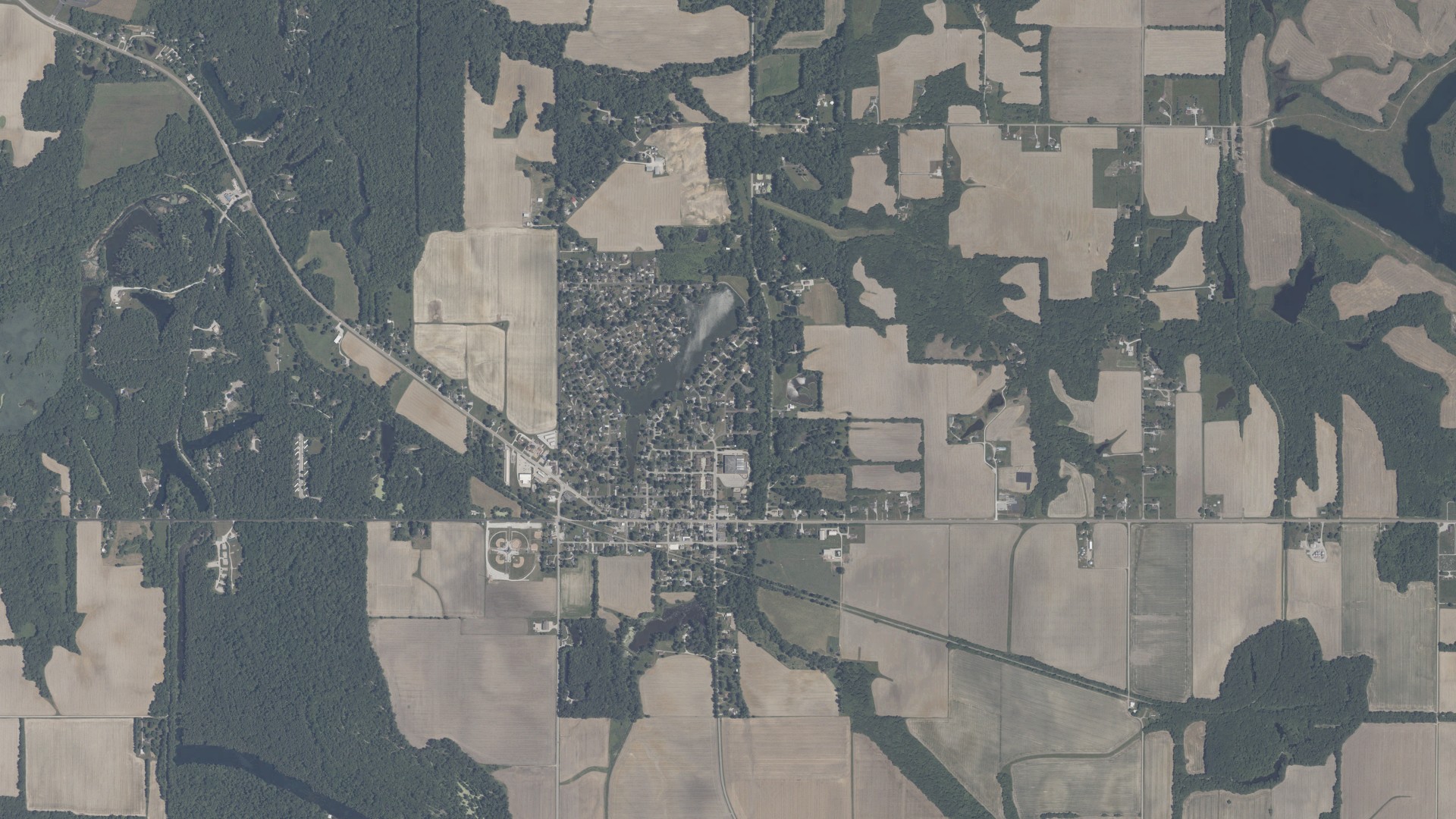 Aerial view of land around Riley, Indiana