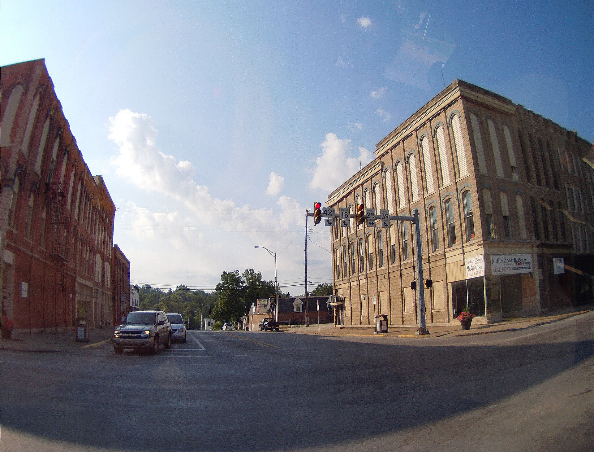 Intersection of Main Street and Washington Street in Delphi, Indiana.