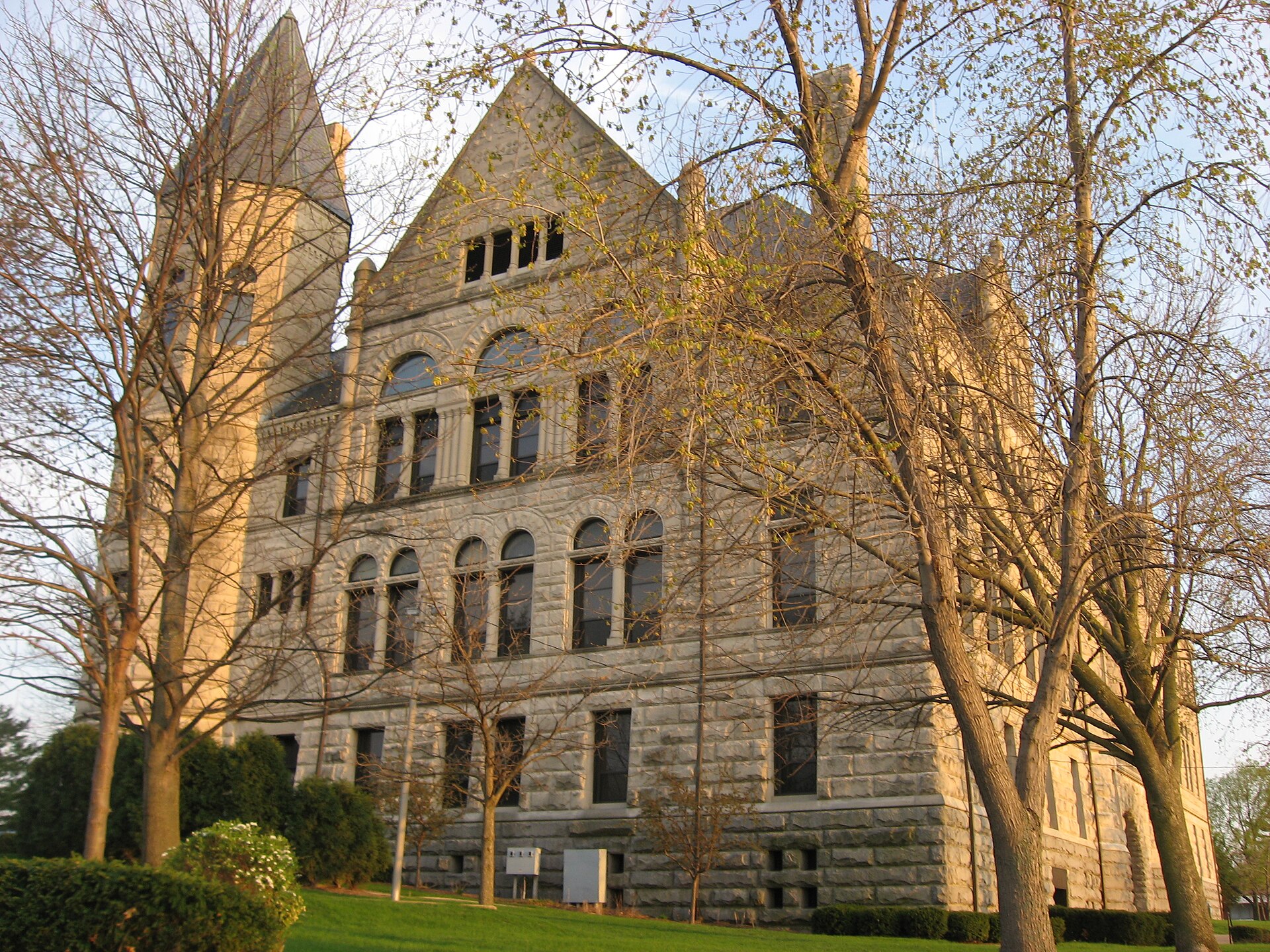 Front of the Wayne County Courthouse, located along U.S. Route 40 (S. A Street) in downtown Richmond, Indiana, United States. Built in 1890, it is listed on the National Register of Historic Places.