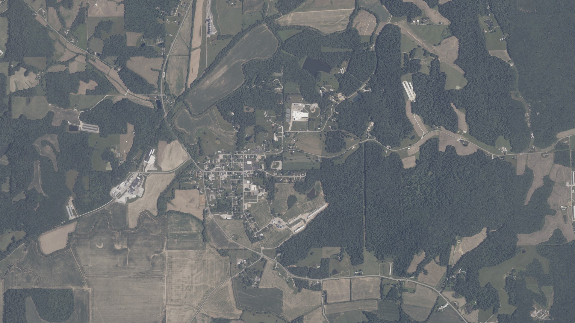 Natural-color aerial photograph of land around Dubois, Indiana