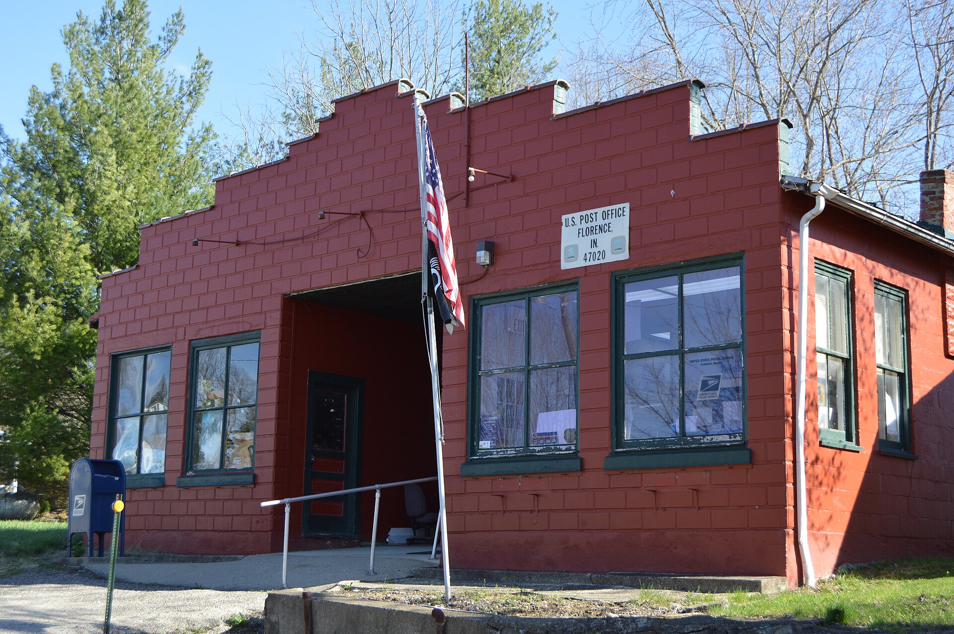 Front of the Florence post office, located at 404 Fifth Street in Florence, Indiana, United States.