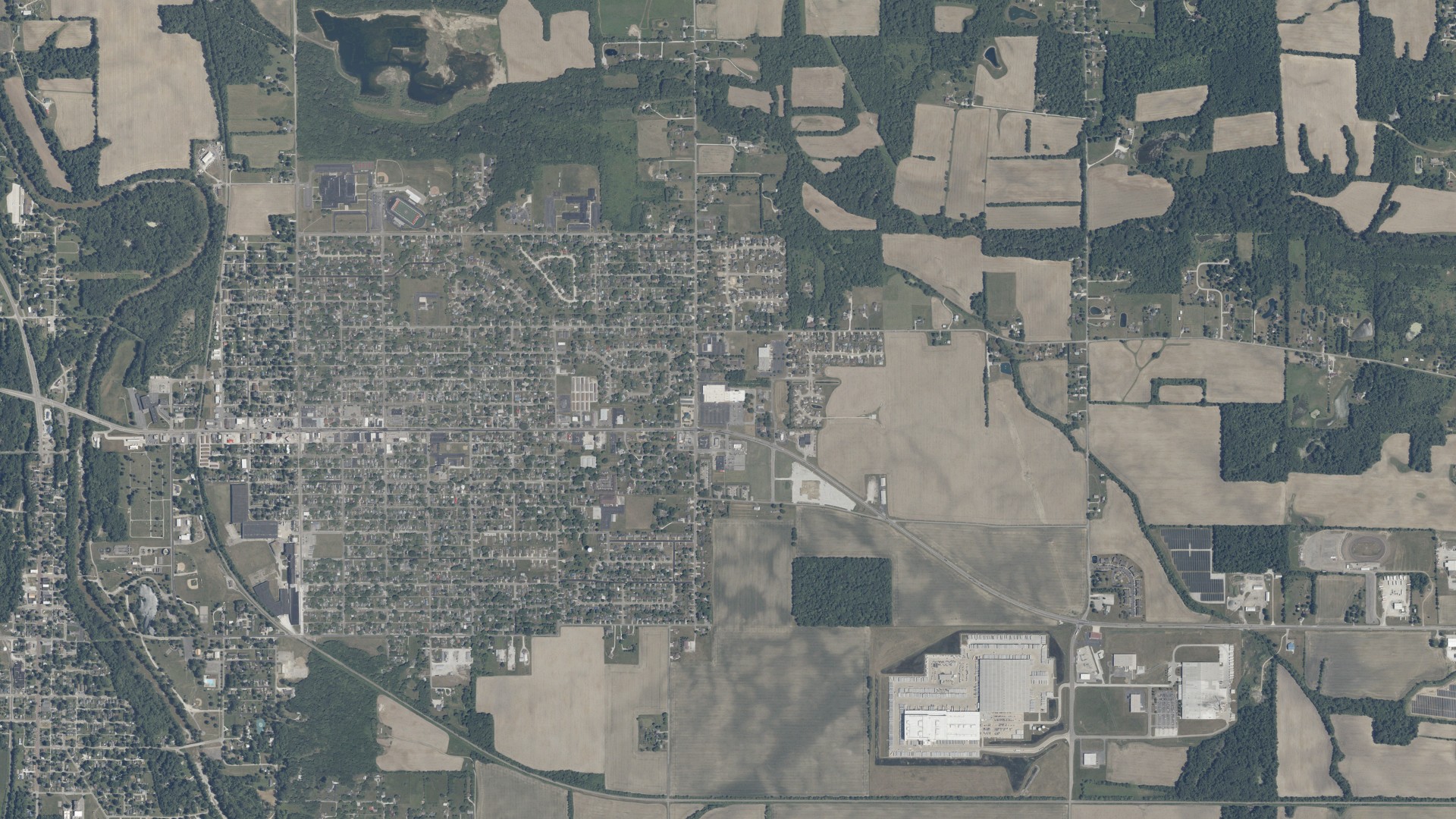 Natural-color aerial photograph of land around Gas City, Indiana