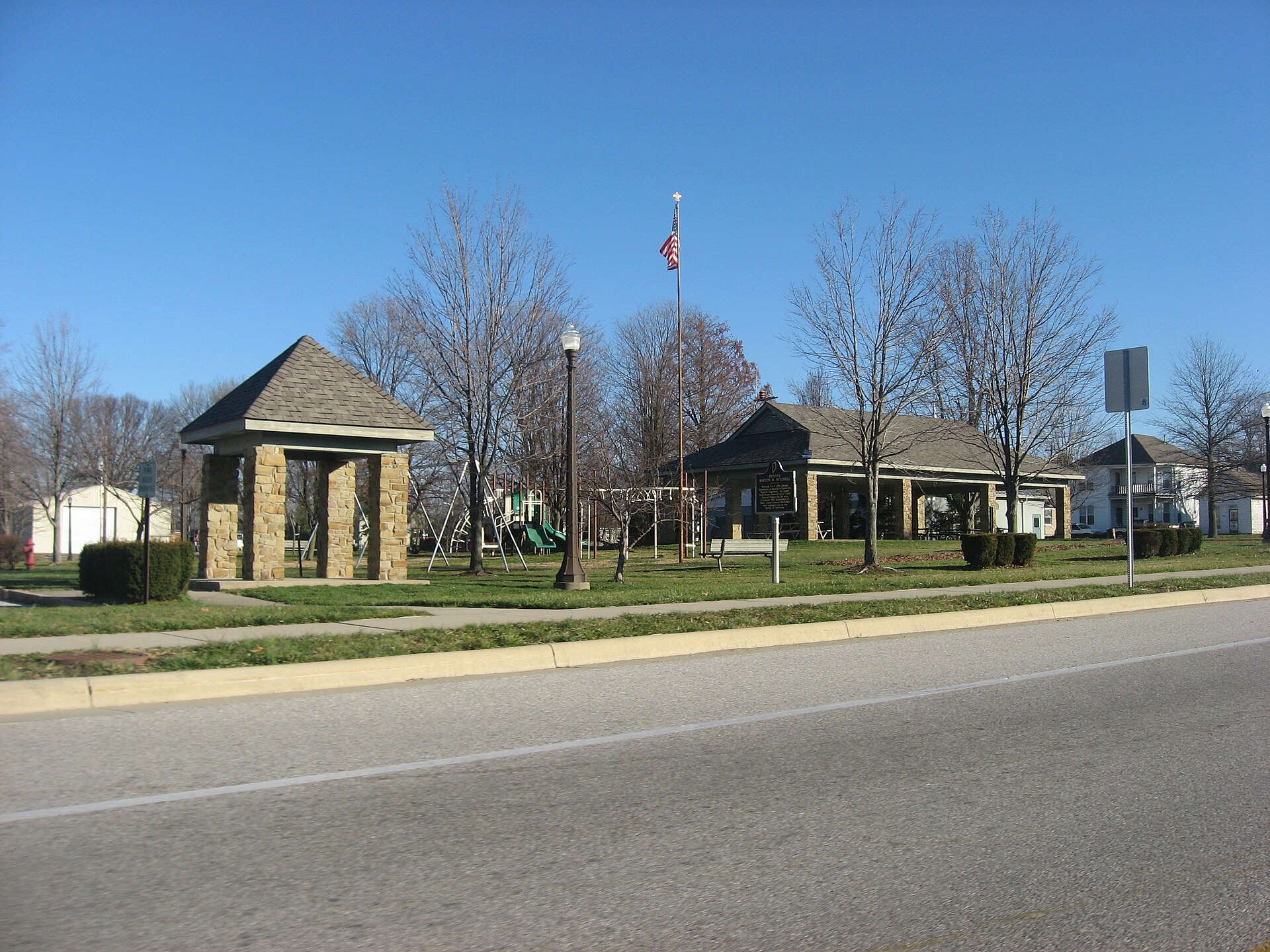 Southwestern corner of the town square in Hartsville, Indiana, United States, seen from State Road 46.