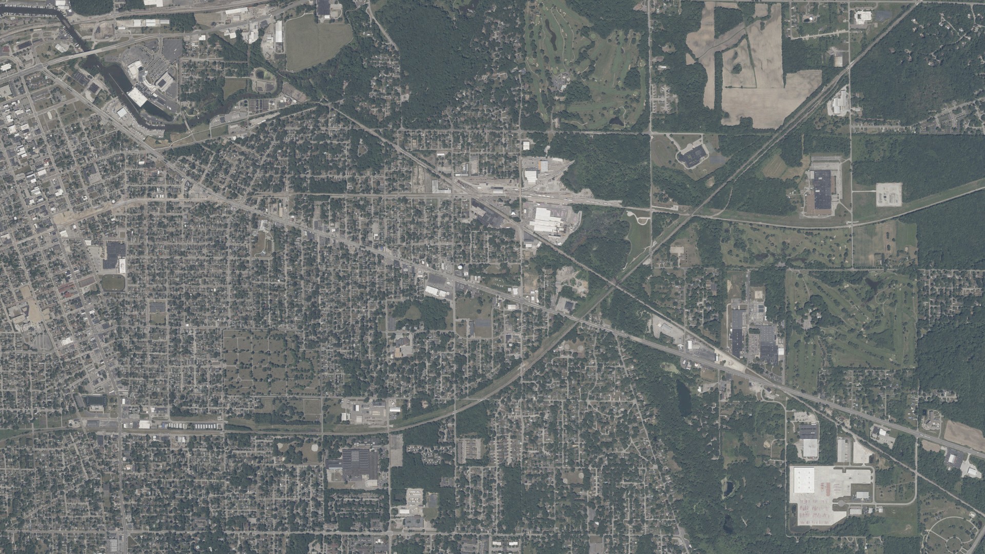 Natural-color aerial photograph of land around Michigan City, Indiana