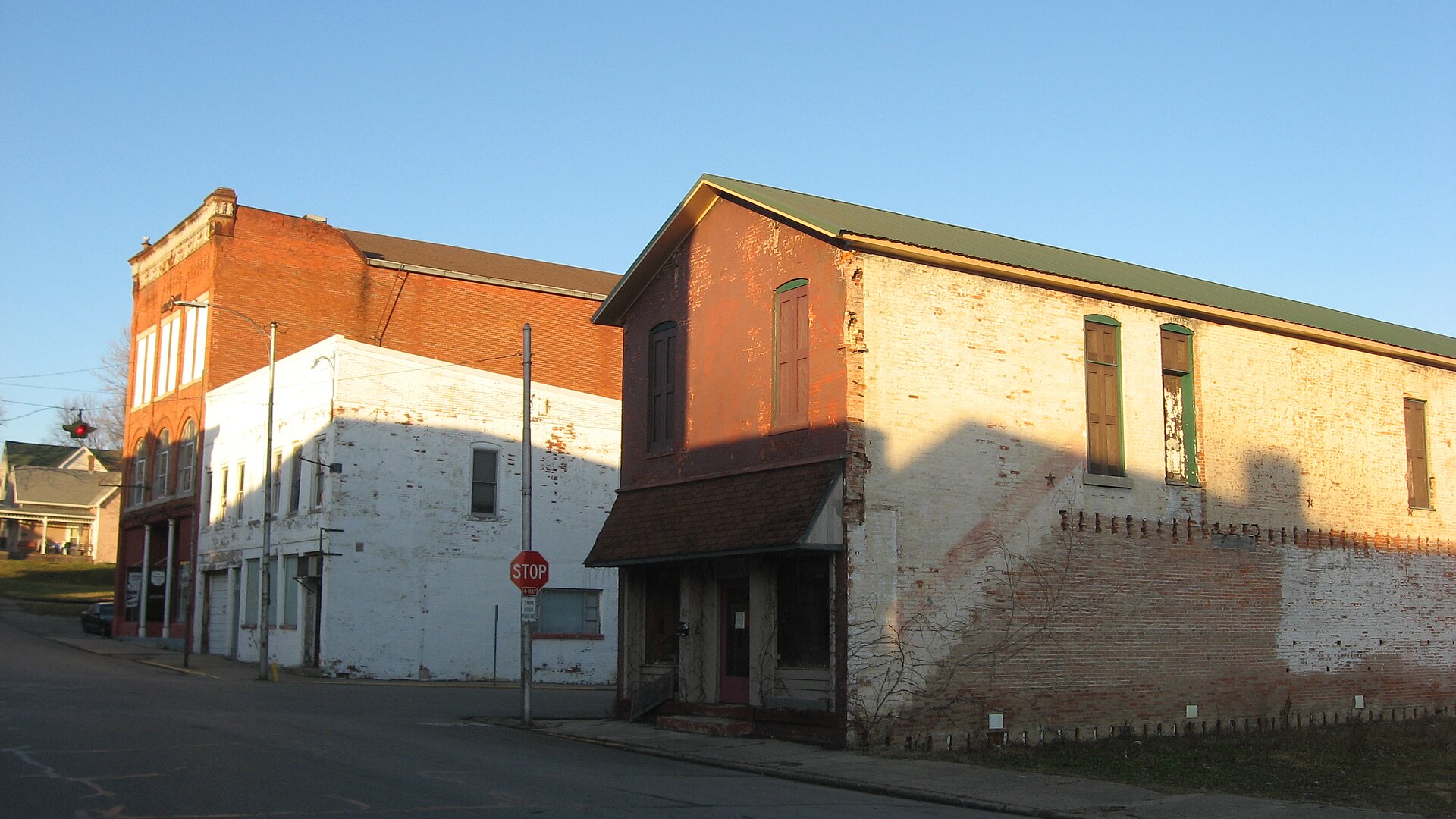Three buildings on the eastern side of Fifth Street on both sides of the Locust Street intersection in Middletown, Indiana, United States.