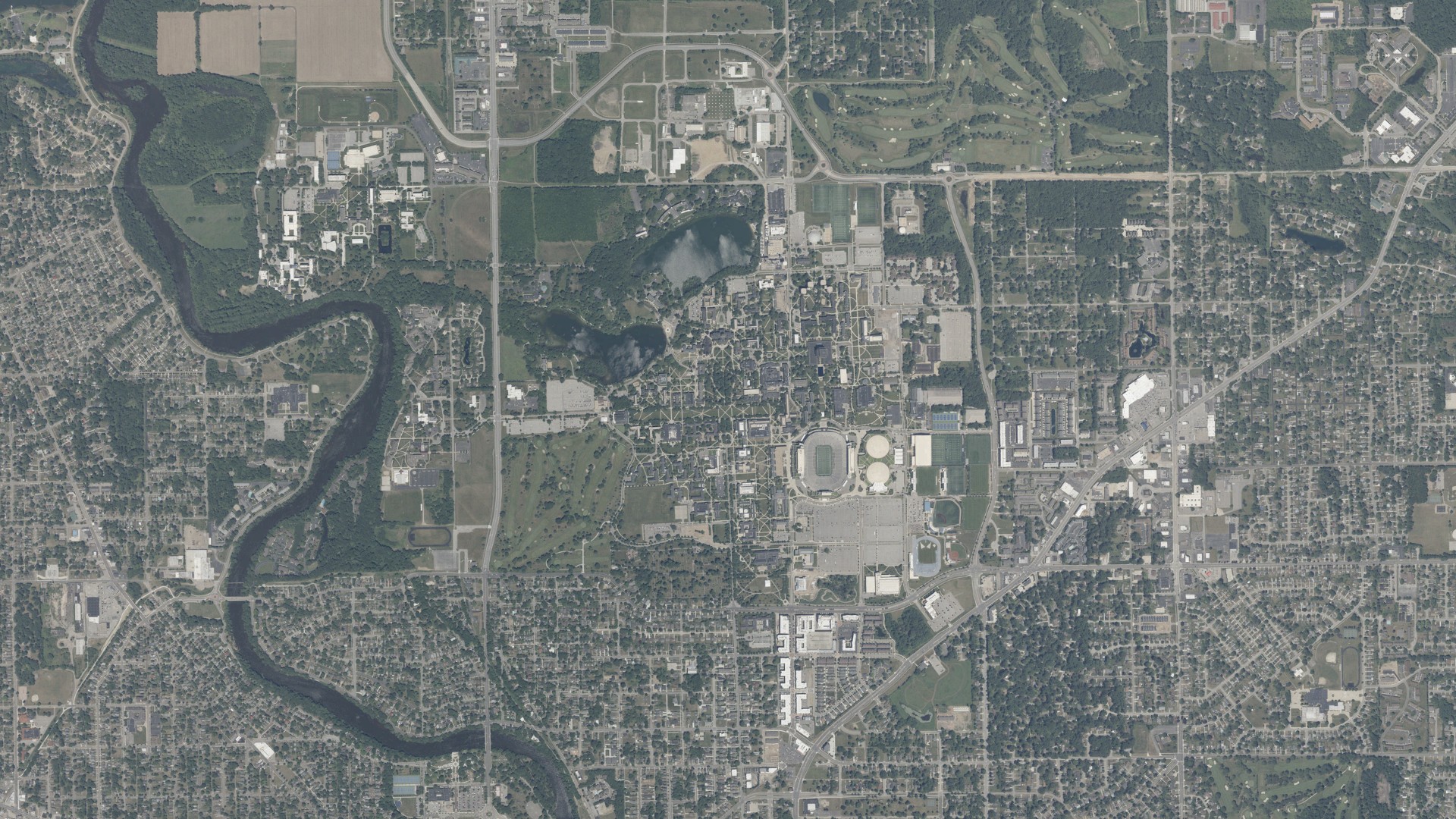 Natural-color aerial photograph of land around Notre Dame, Indiana