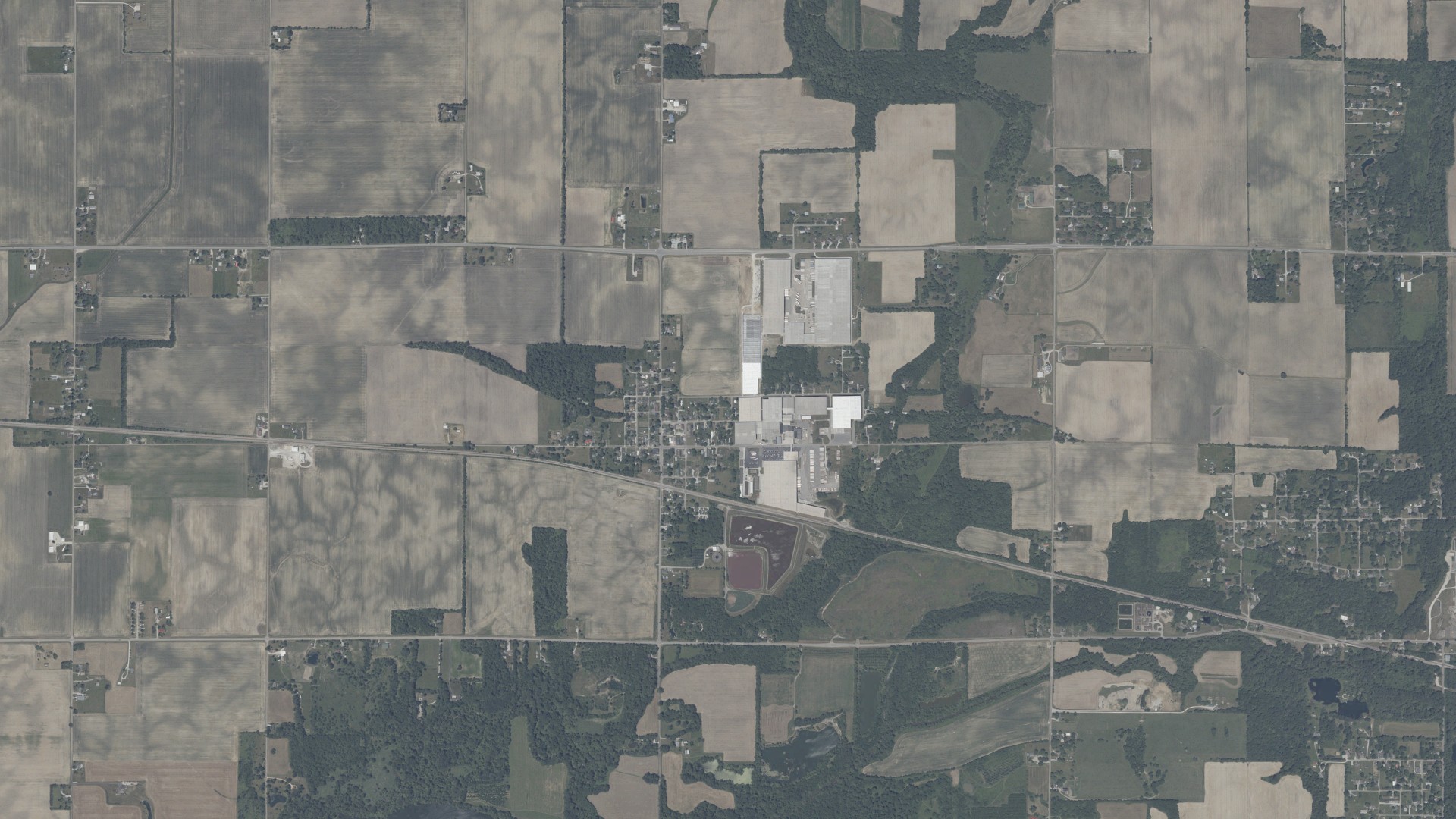 Natural-color aerial photograph of land around Orestes, Indiana
