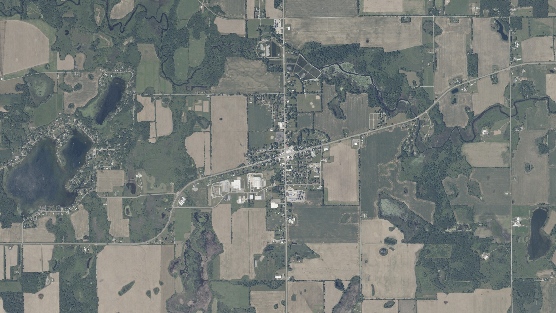 Natural-color aerial photograph of land around Orland, Indiana