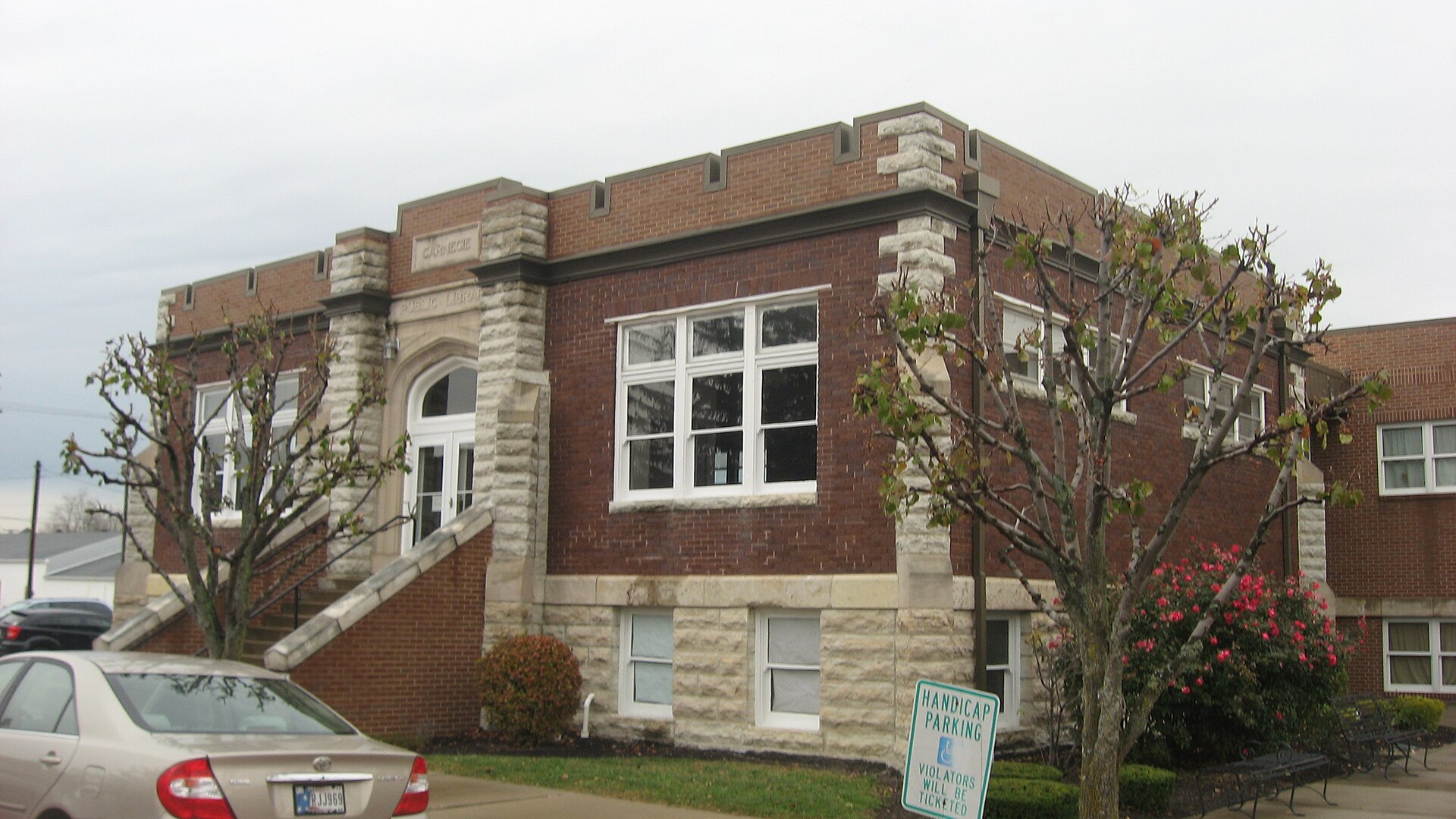 Front of the Carnegie library in Osgood, Indiana, United States, located at 136 W. Ripley Street. Built in 1914, it is part of the locally designated Osgood Commercial Historic District.