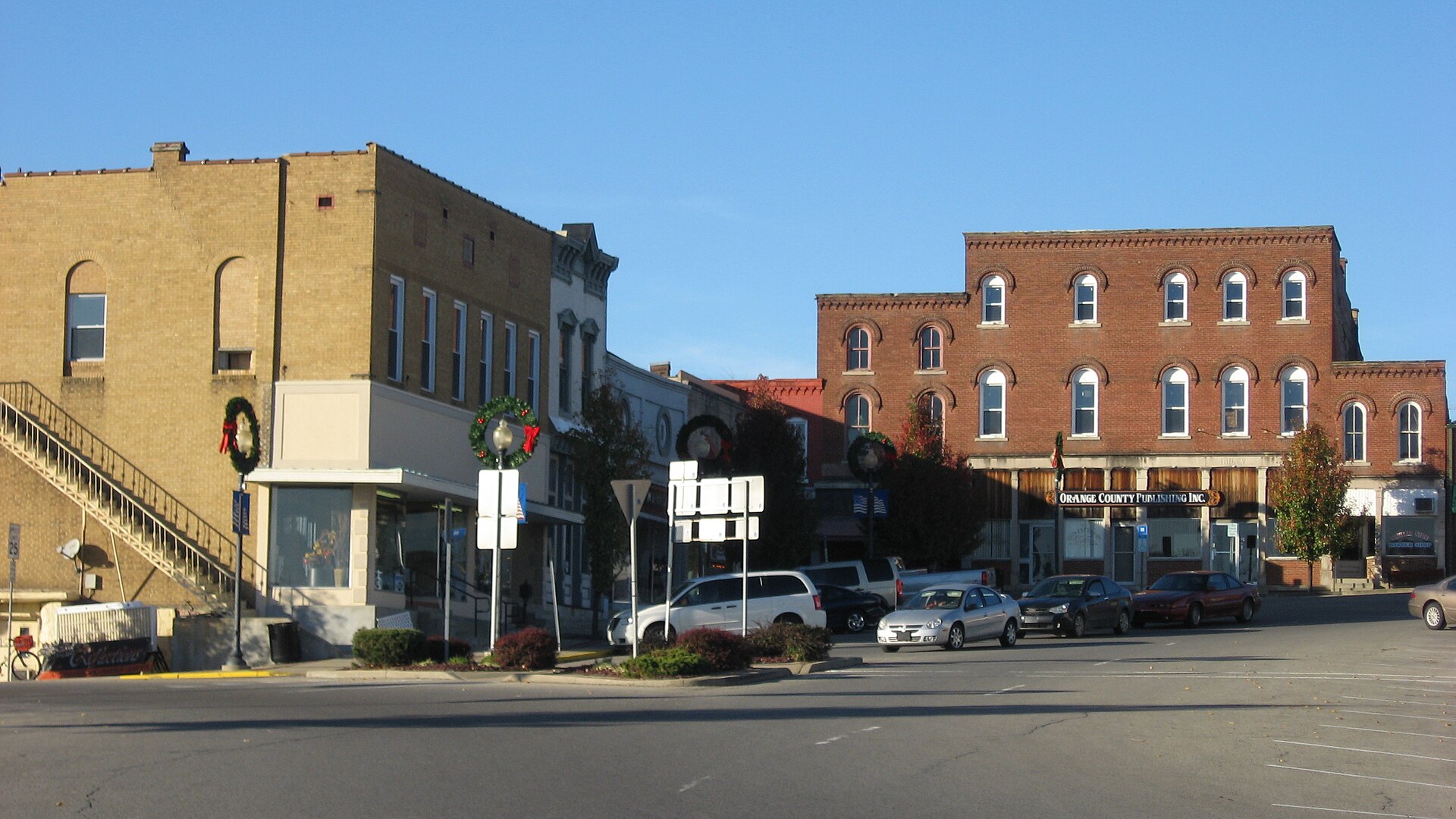 Buildings on the northwestern quadrant of the courthouse square in Paoli, Indiana, United States.