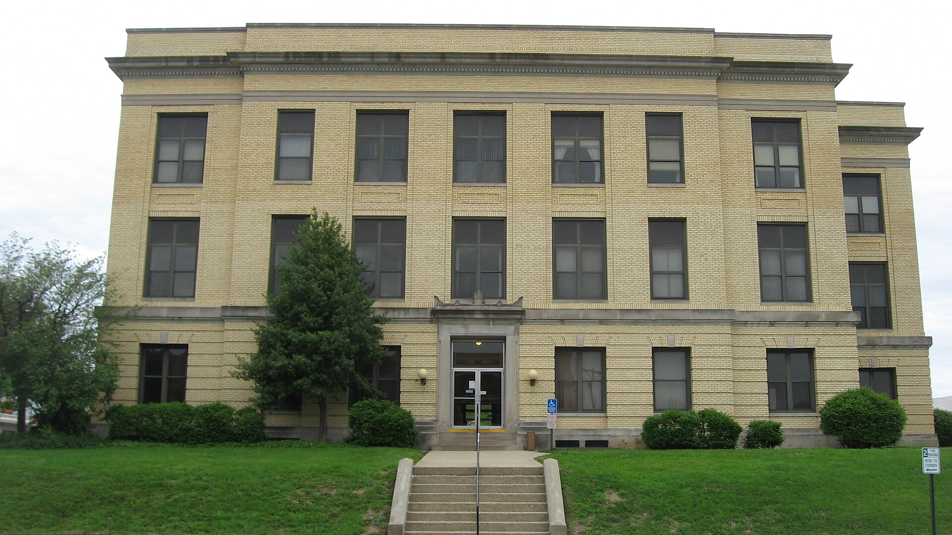 Southwestern side of the Pike County Courthouse, located in the central square of Petersburg, Indiana, United States. Built in 1922, it is listed on the National Register of Historic Places.