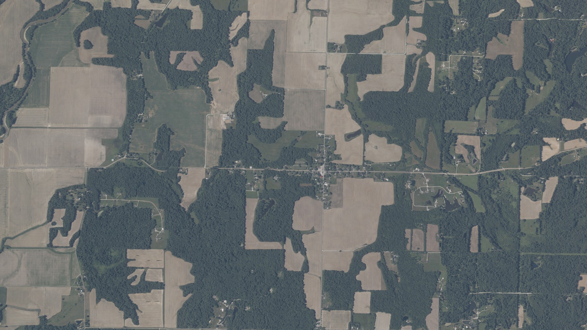 Natural-color aerial photograph of land around Poland, Indiana
