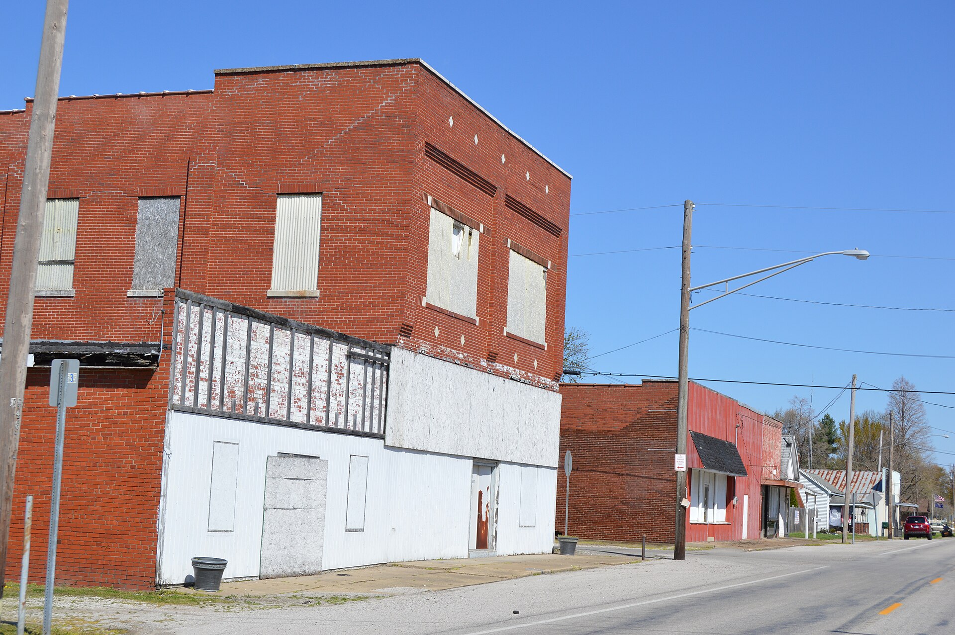 Buildings on the western side of Main Street (State Road 161) at the Adams Street intersection in Richland City, Indiana, United States.