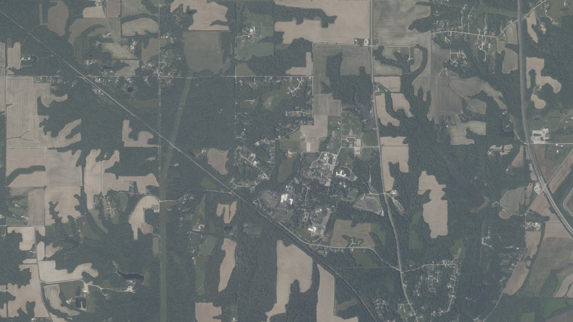 Natural-color aerial photograph of land around St. Mary of the Woods, Indiana