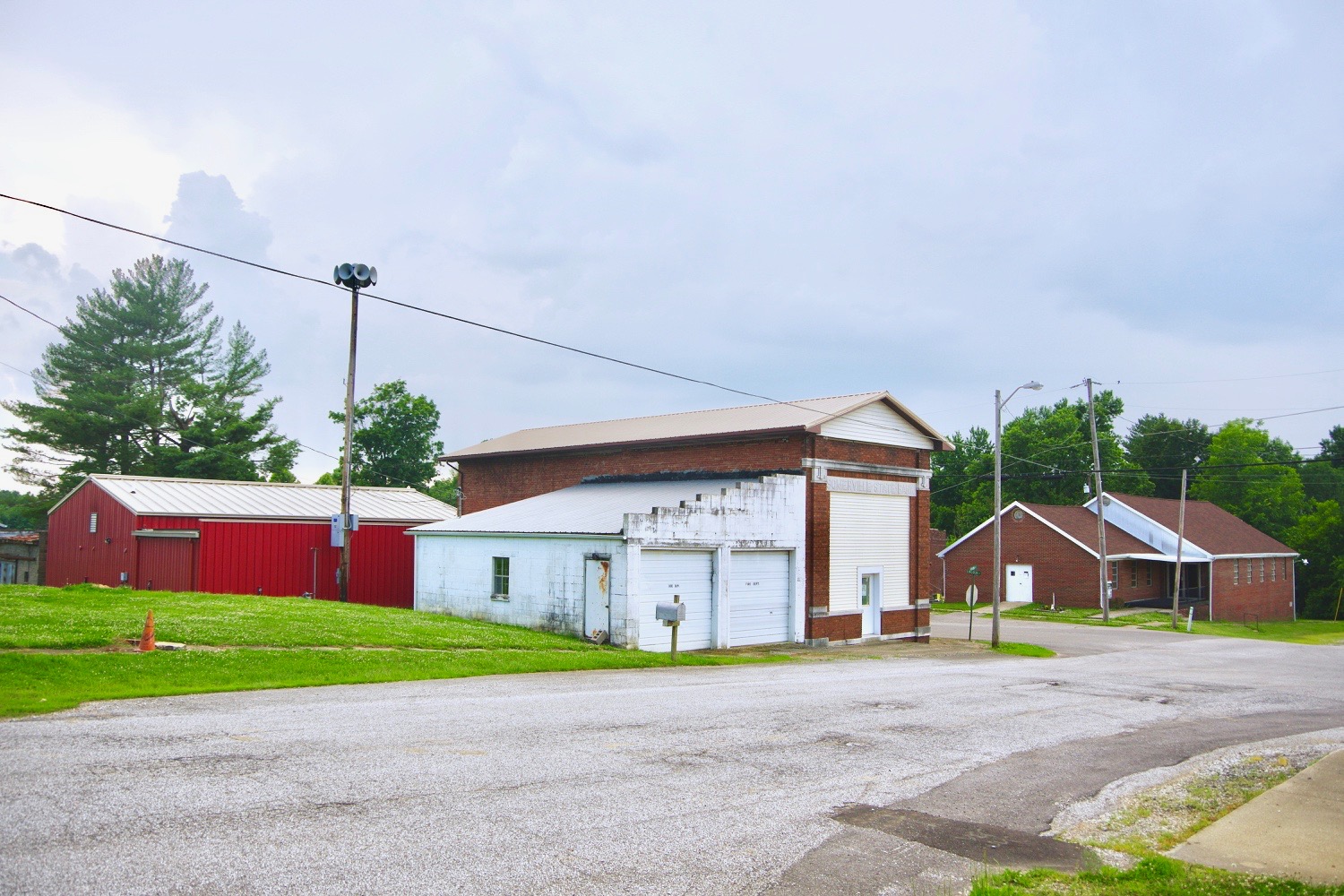 The old Somerville State Bank building and other structures at the corner of Main and Lincoln in Somerville, Indiana, United States.