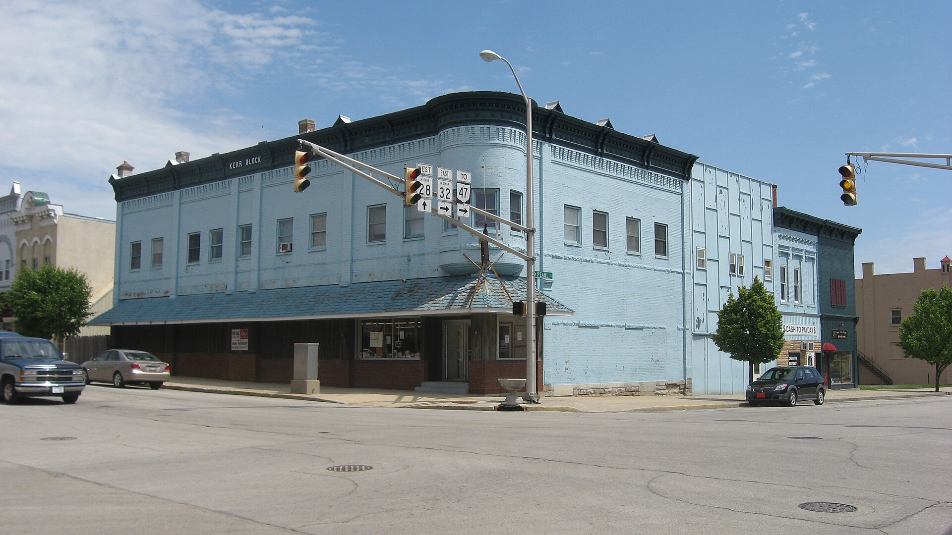 Front and southern side of the Kerr Block, located on the northeastern corner of the intersection of Columbia (State Road 28) and Pearl Streets in Union City, Indiana, United States.