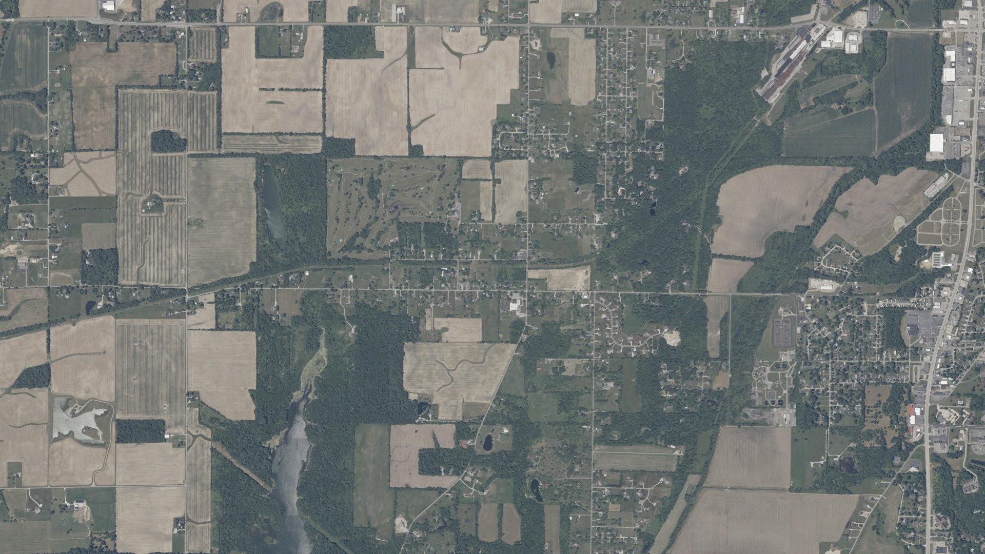 Natural-color aerial photograph of land around Westwood, Indiana