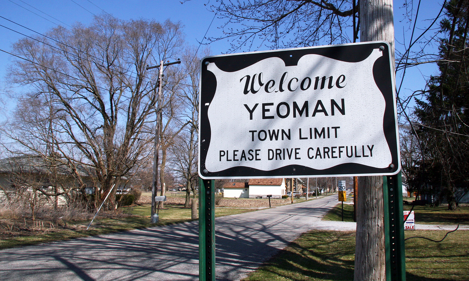 The town limit of Yeoman in western Carroll County, Indiana. Photo looks east along County Road 825 North.