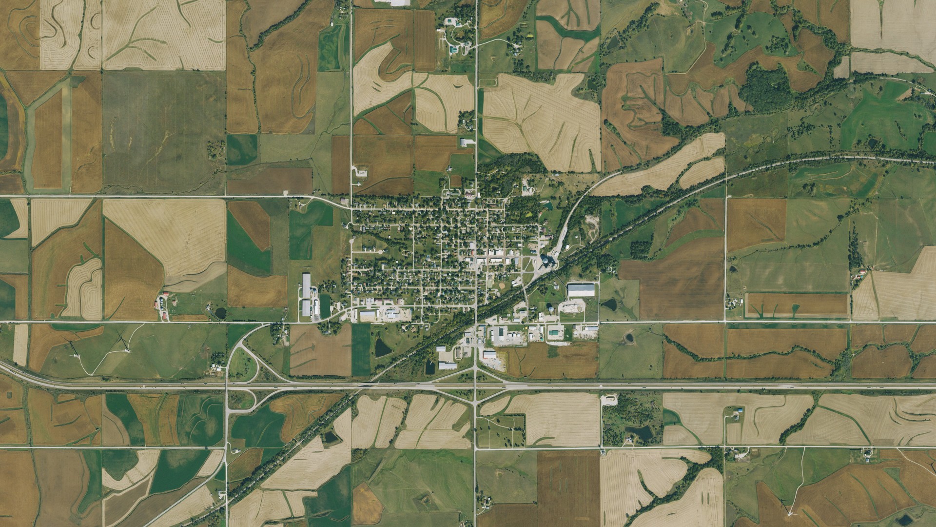 Natural-color aerial photograph of land around Adair, Iowa