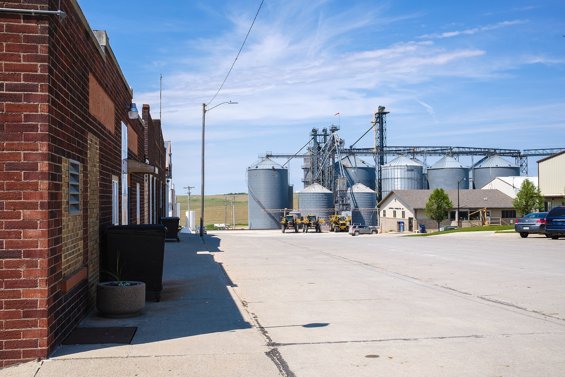 A view down Main Street toward the grain elevators. — Aspinwall, Iowa