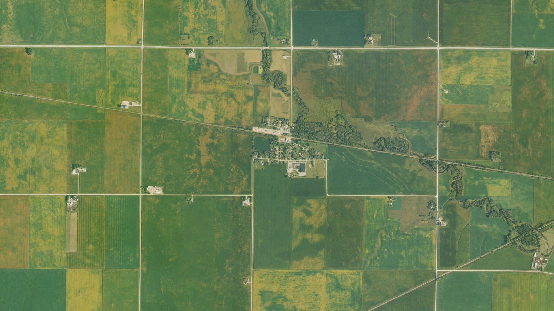 Natural-color aerial photograph of land around Barnum, Iowa