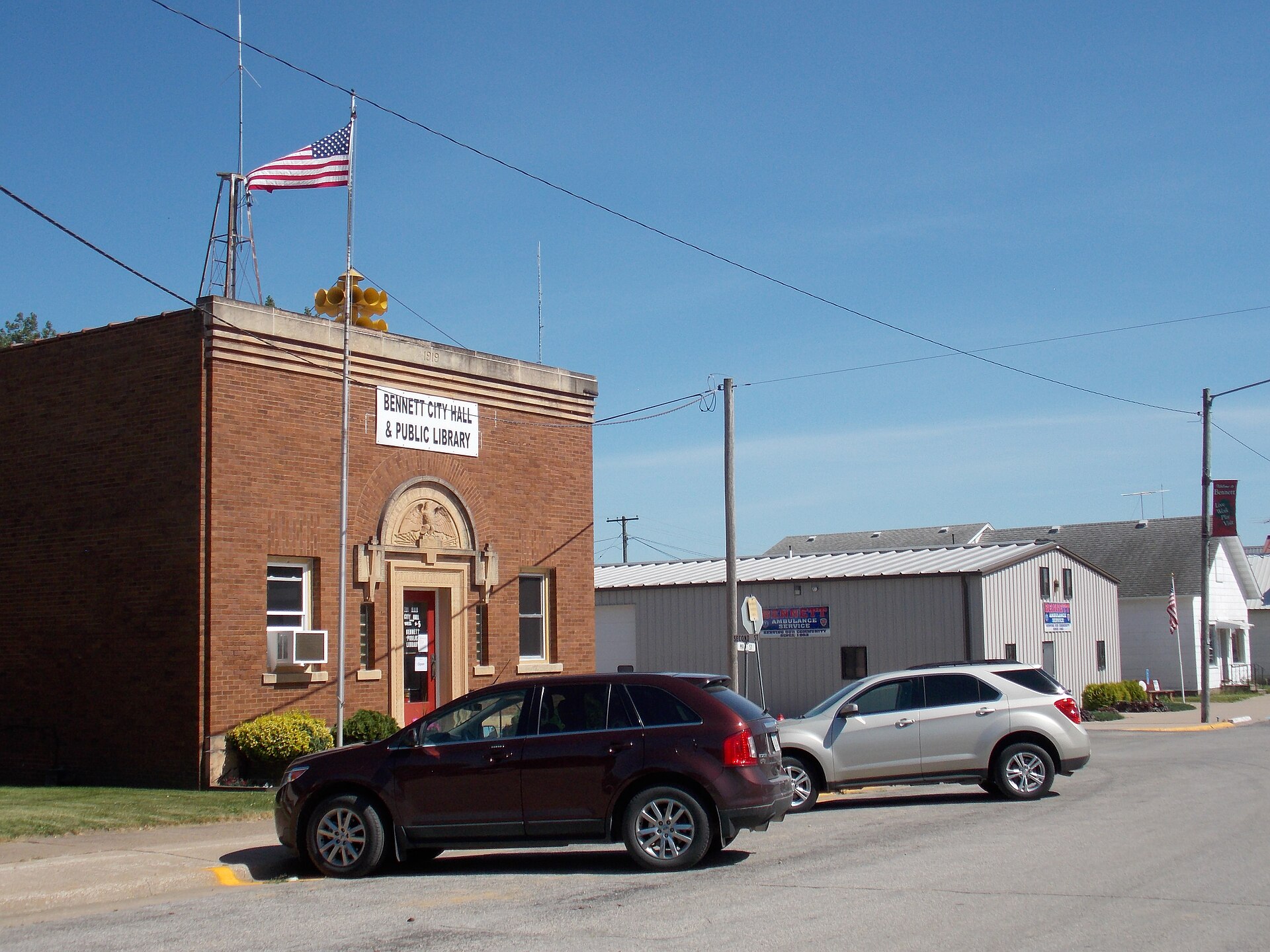 Buildings in the small commercial district of Bennett, Iowa.