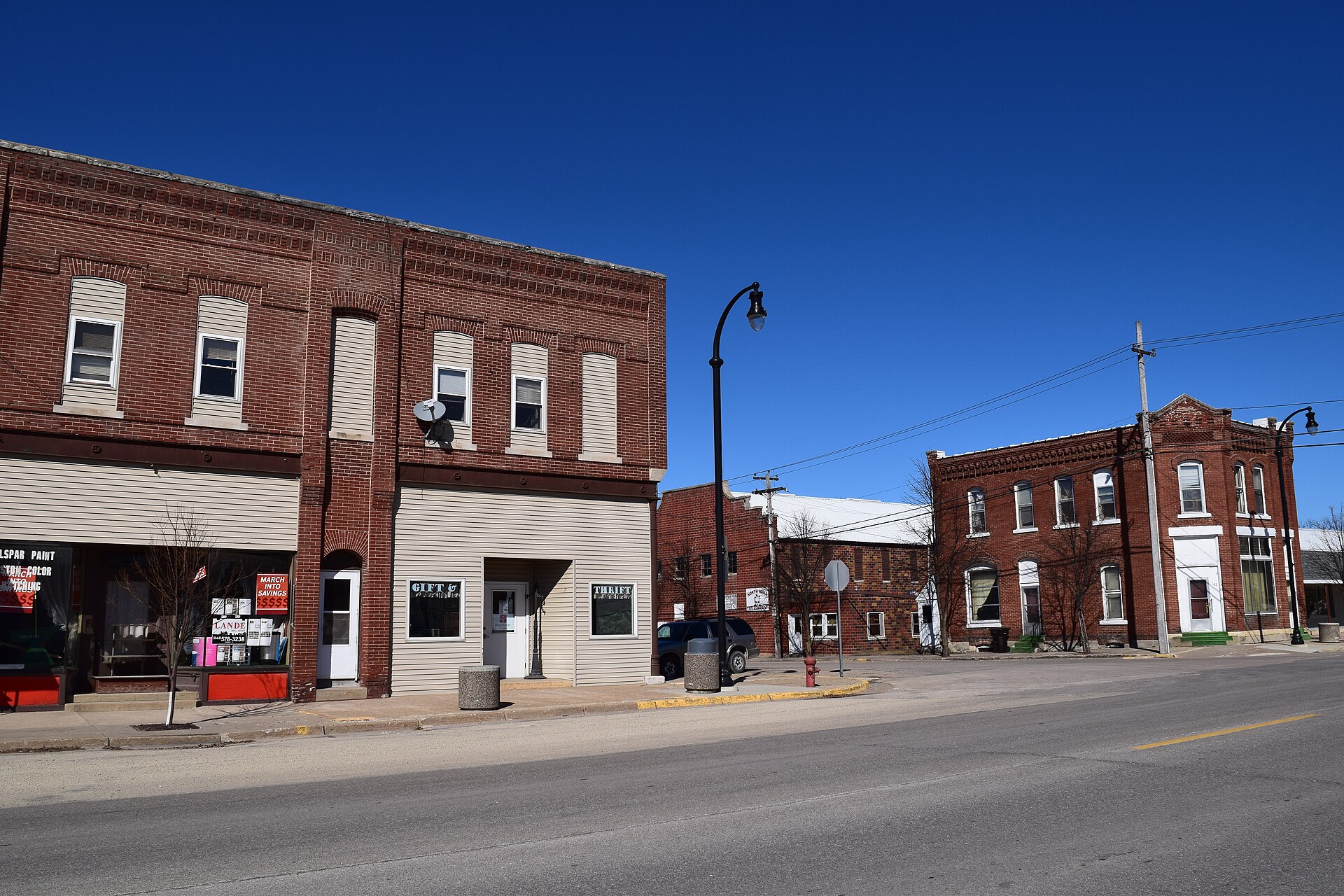 Businesses in downtown Fredericksburg, Iowa.