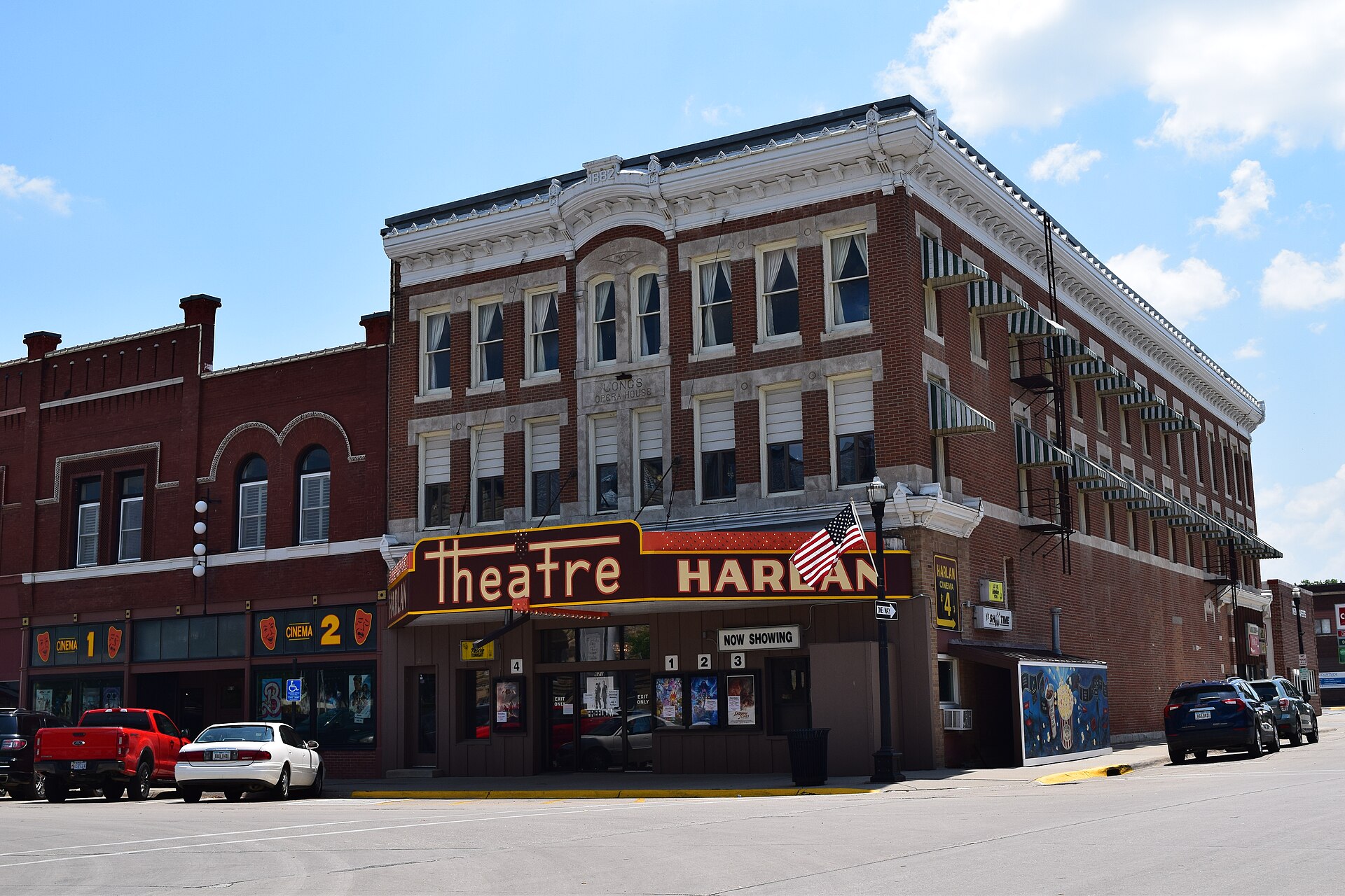 The Harlan Theatre in Harlan, Iowa. The theater occupies the Long's Opera House building, which is part of the Harlan Courthouse Square Commercial District.