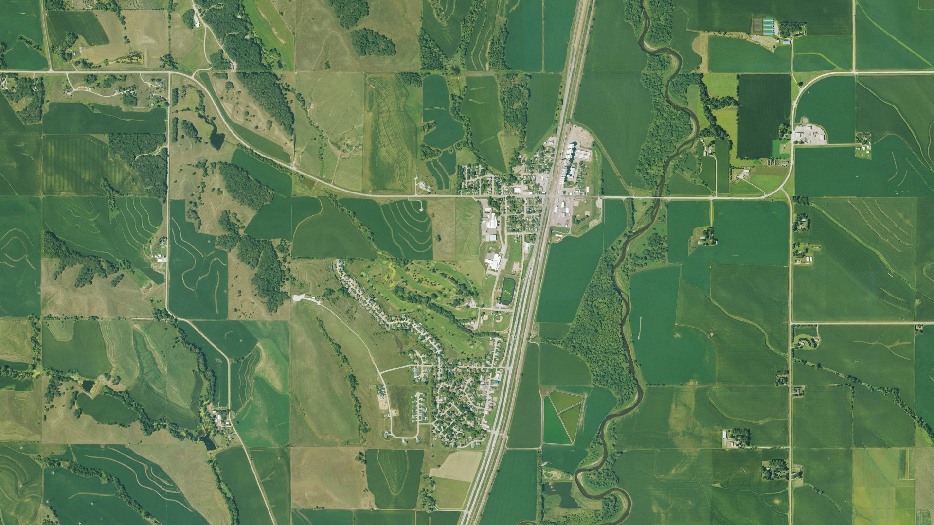 Natural-color aerial photograph of land around Hinton, Iowa