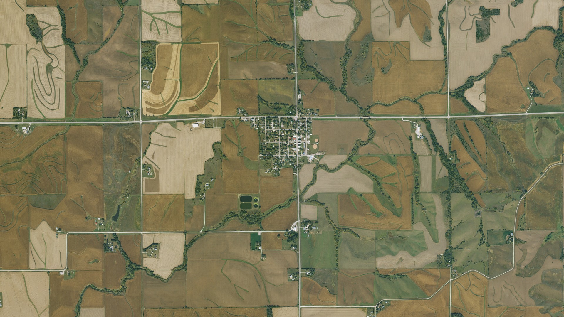 Natural-color aerial photograph of land around Kimballton, Iowa