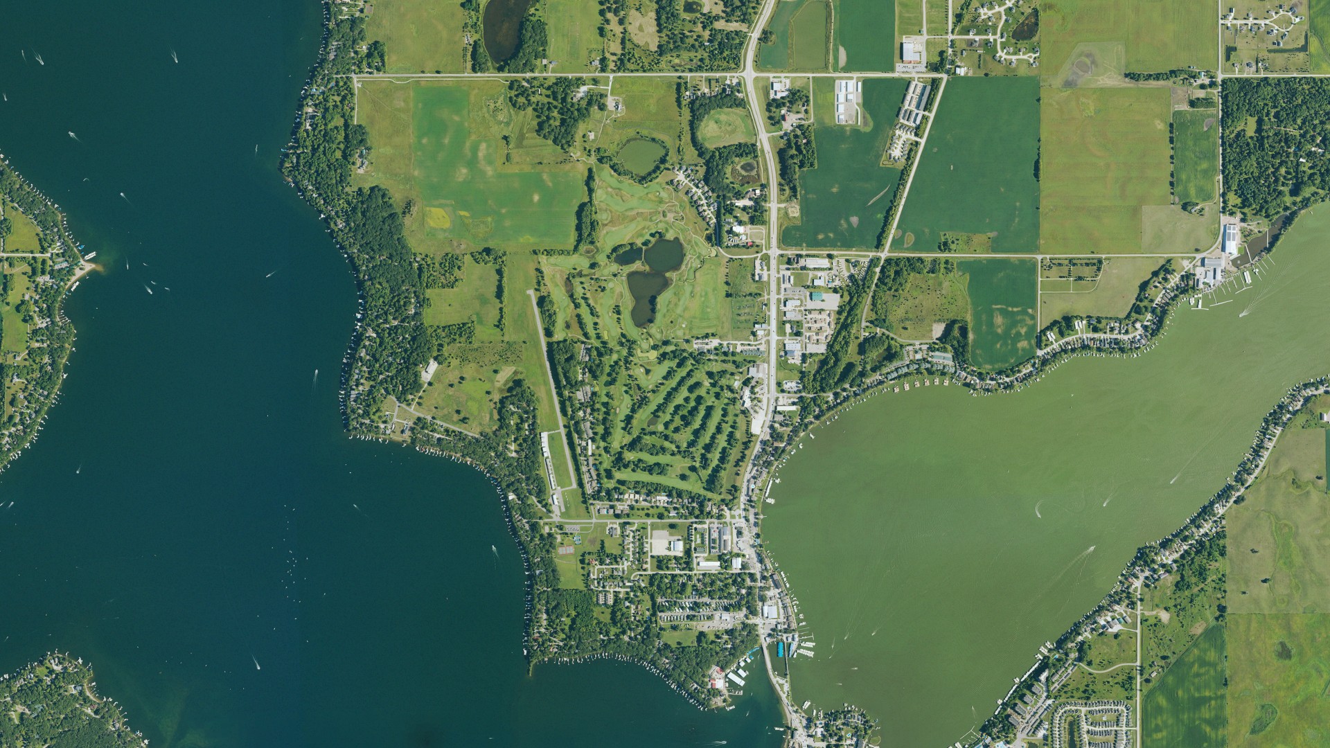 Natural-color aerial photograph of land around Okoboji, Iowa