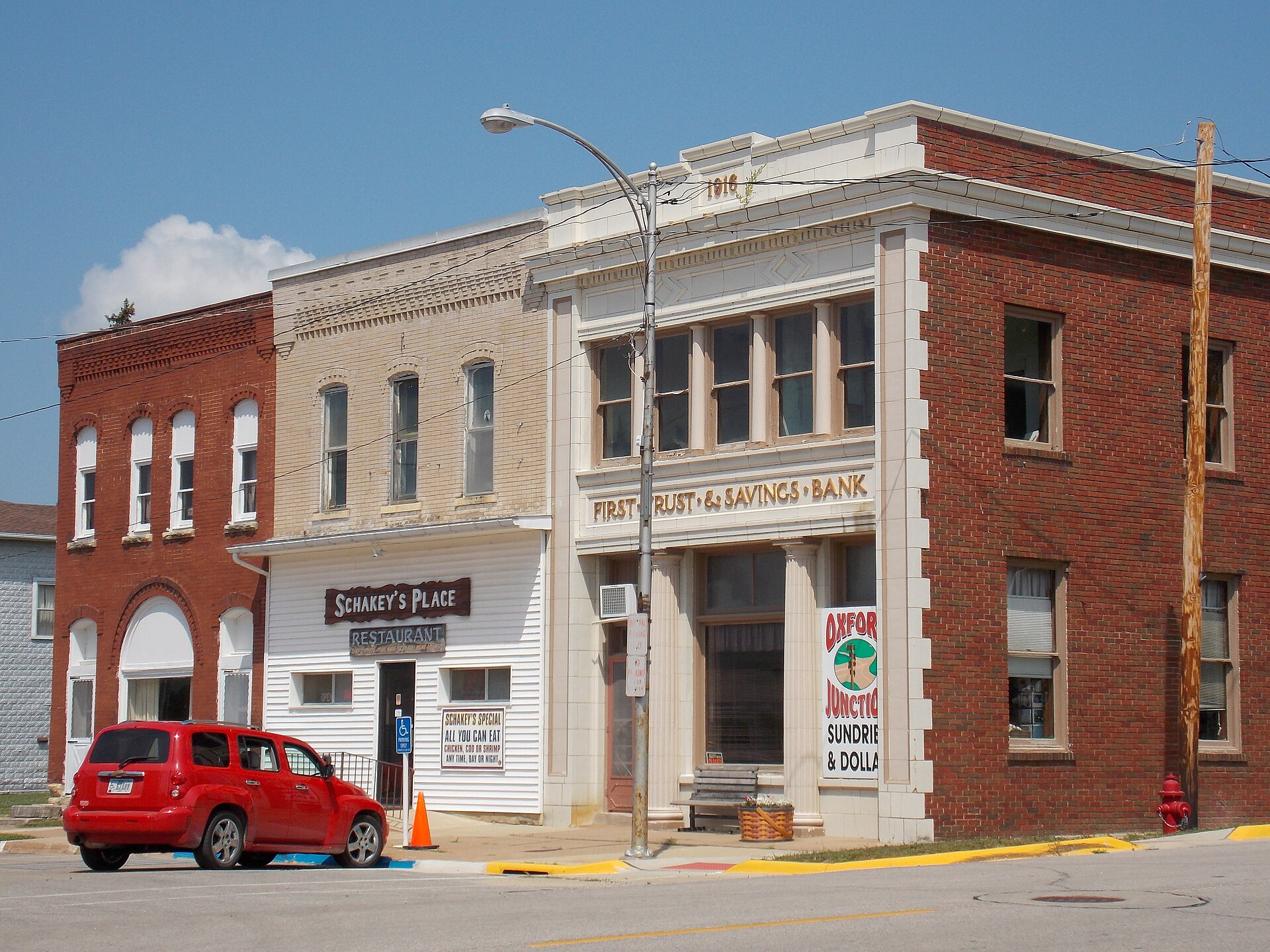 Buildings in downtown Oxford Junction, Iowa.