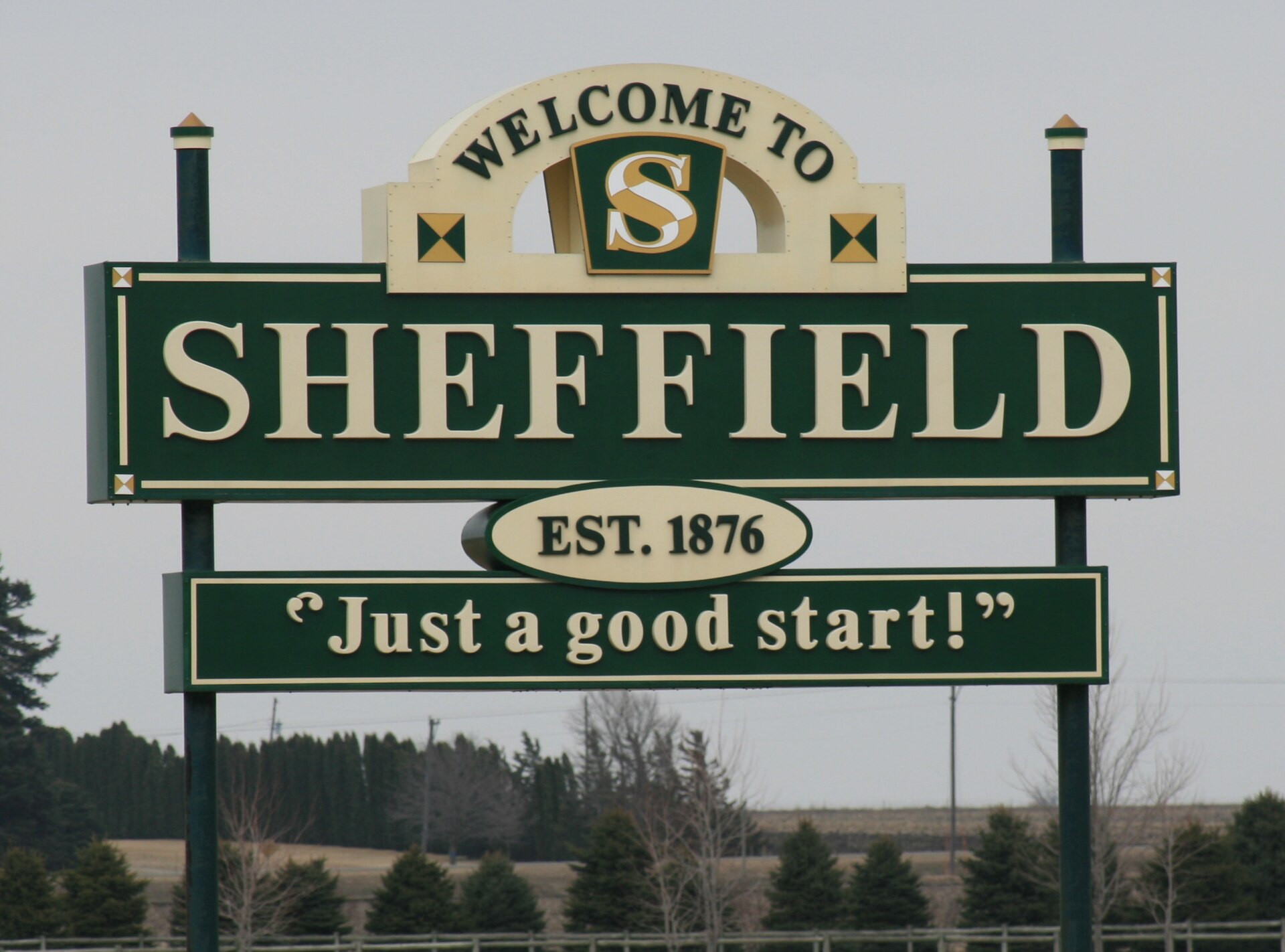 Welcome sign for Sheffield, Iowa