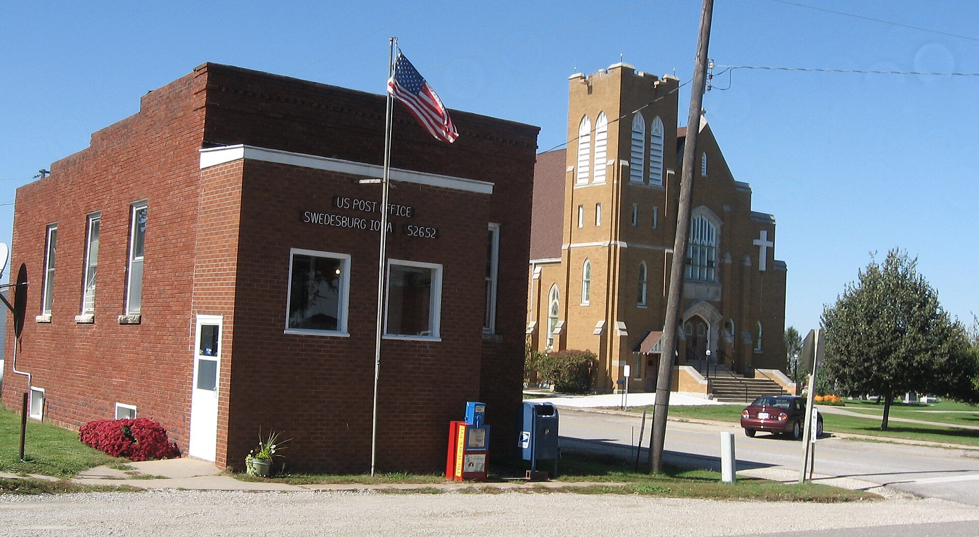 Swedesburg, Iowa [Added by Nyttend: post office appears to be on the southwestern corner of the intersection of James and 140th, and church on the northwestern corner.
