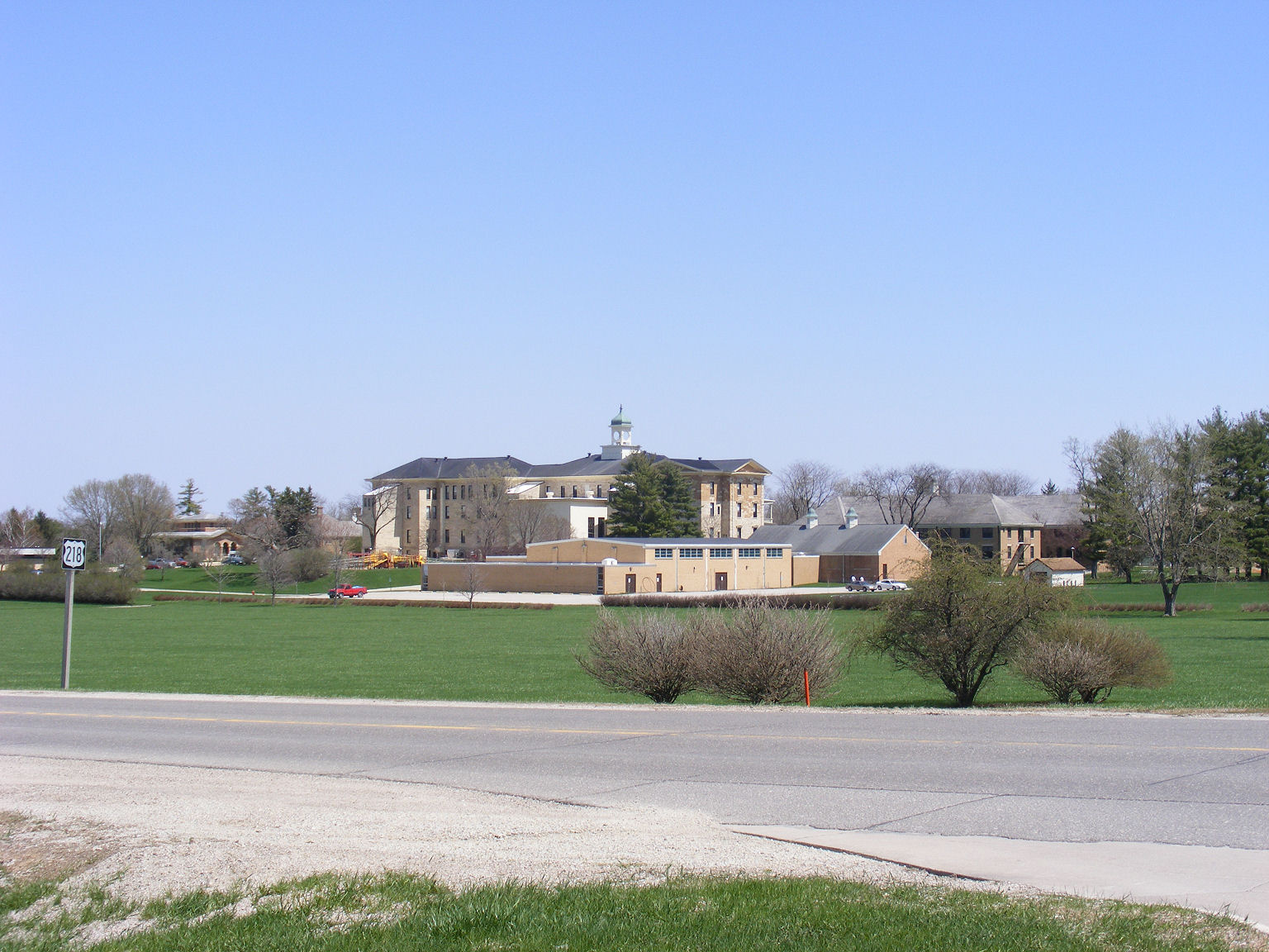 View of the Iowa Braille & Sight Saving School campus in Vinton, Iowa, looking northeast towards the school from the corner of K Avenue (US Highway 218) and 13th Street.