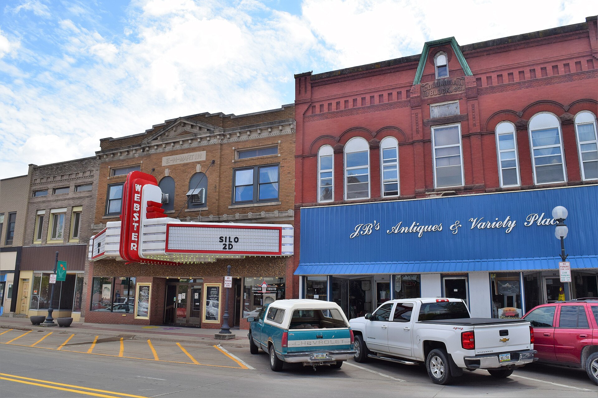 Businesses in downtown Webster City, Iowa.