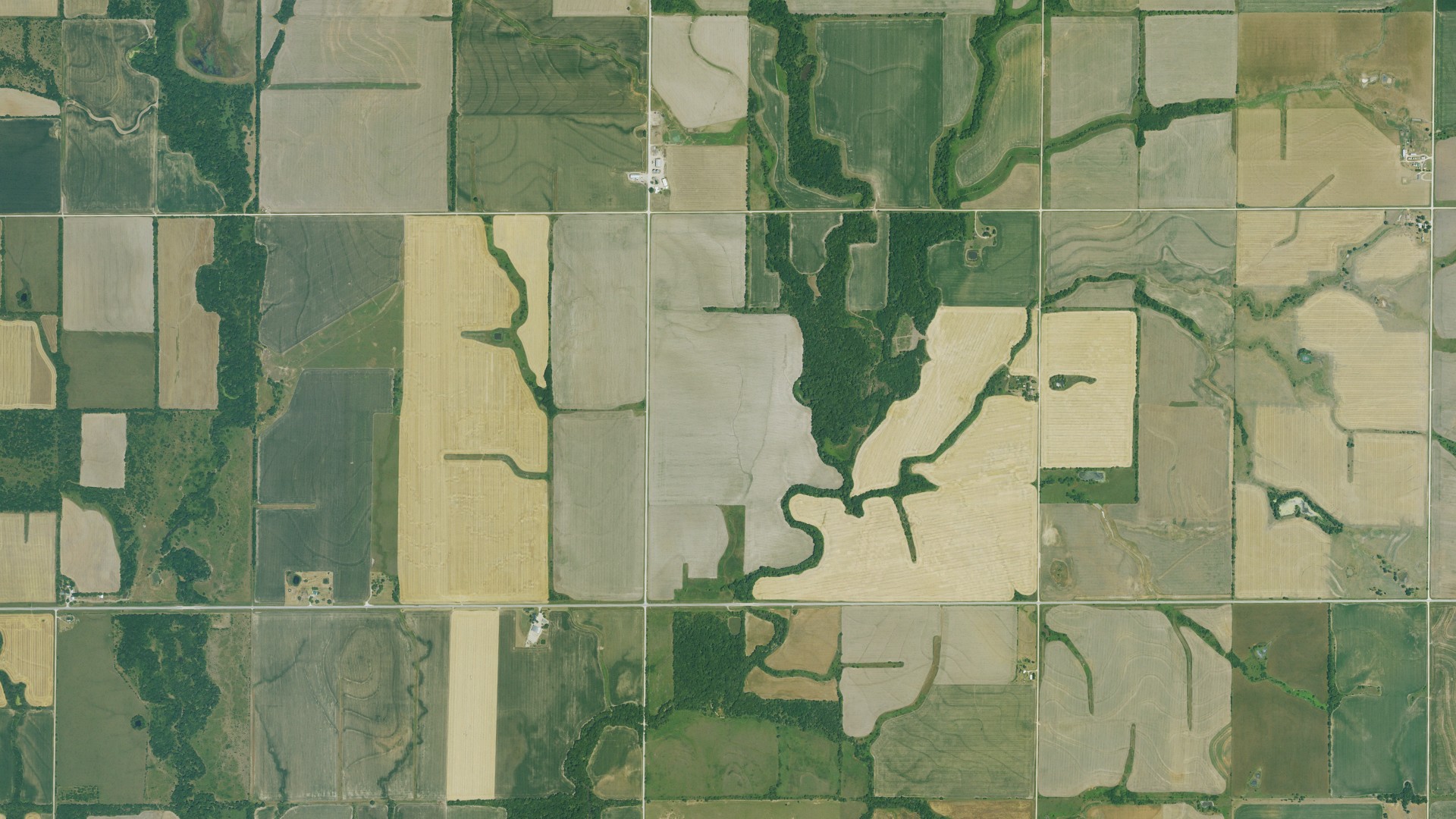Natural-color aerial photograph of land around Indian Creek, Kansas