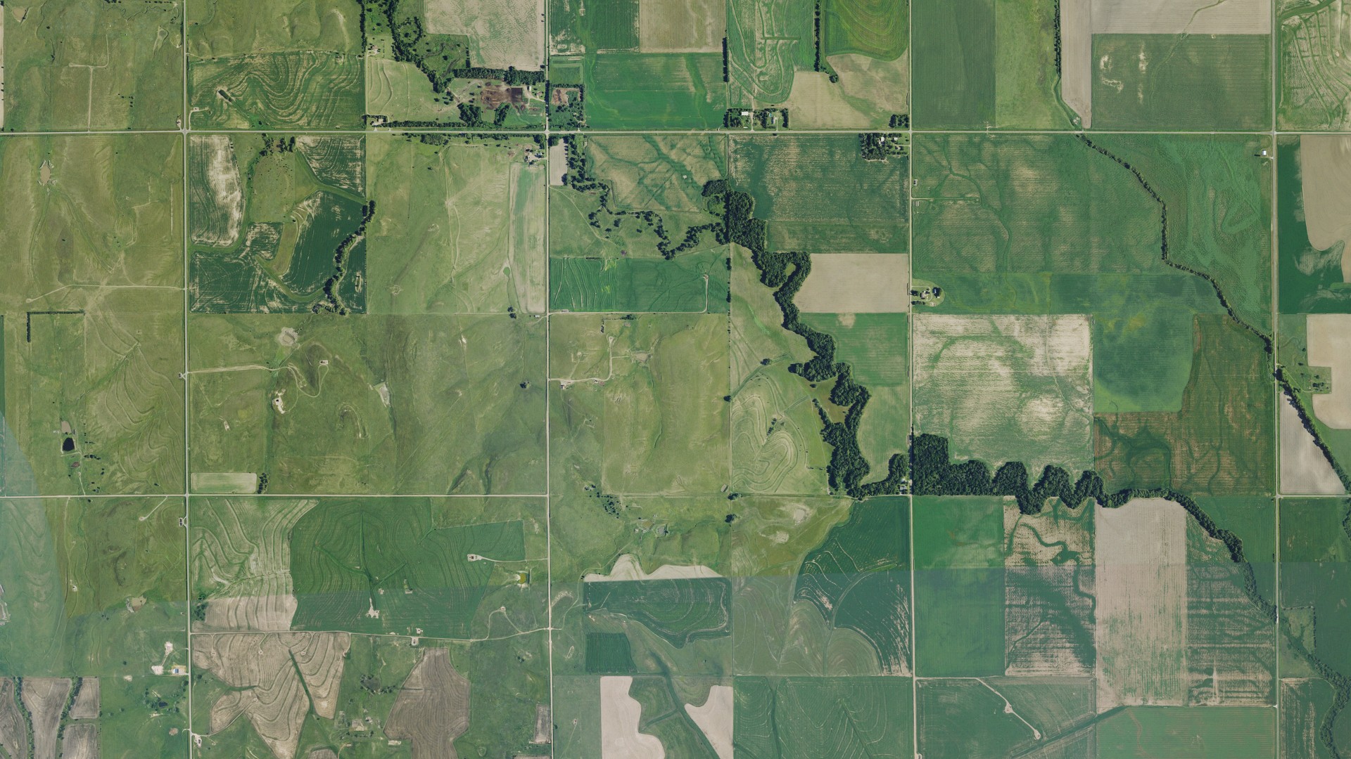 Natural-color aerial photograph of land around North Homestead, Kansas
