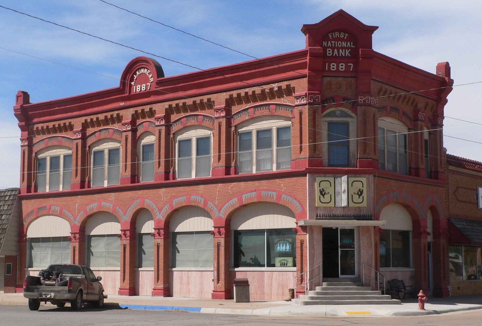 First National Bank building, located at northwest corner of 8th and Main in Ashland, Kansas; seen from the southeast. — Clark County, Kansas