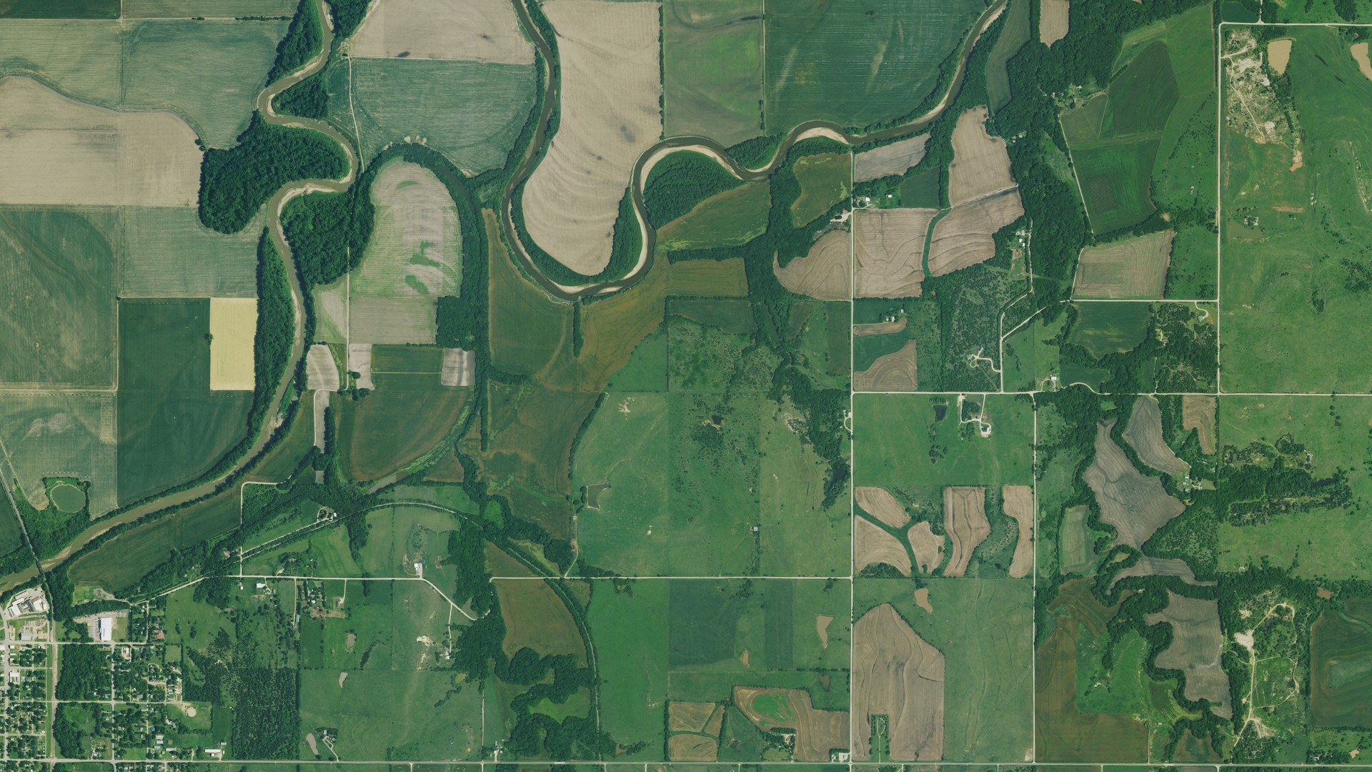 Aerial view of land around Center, Kansas