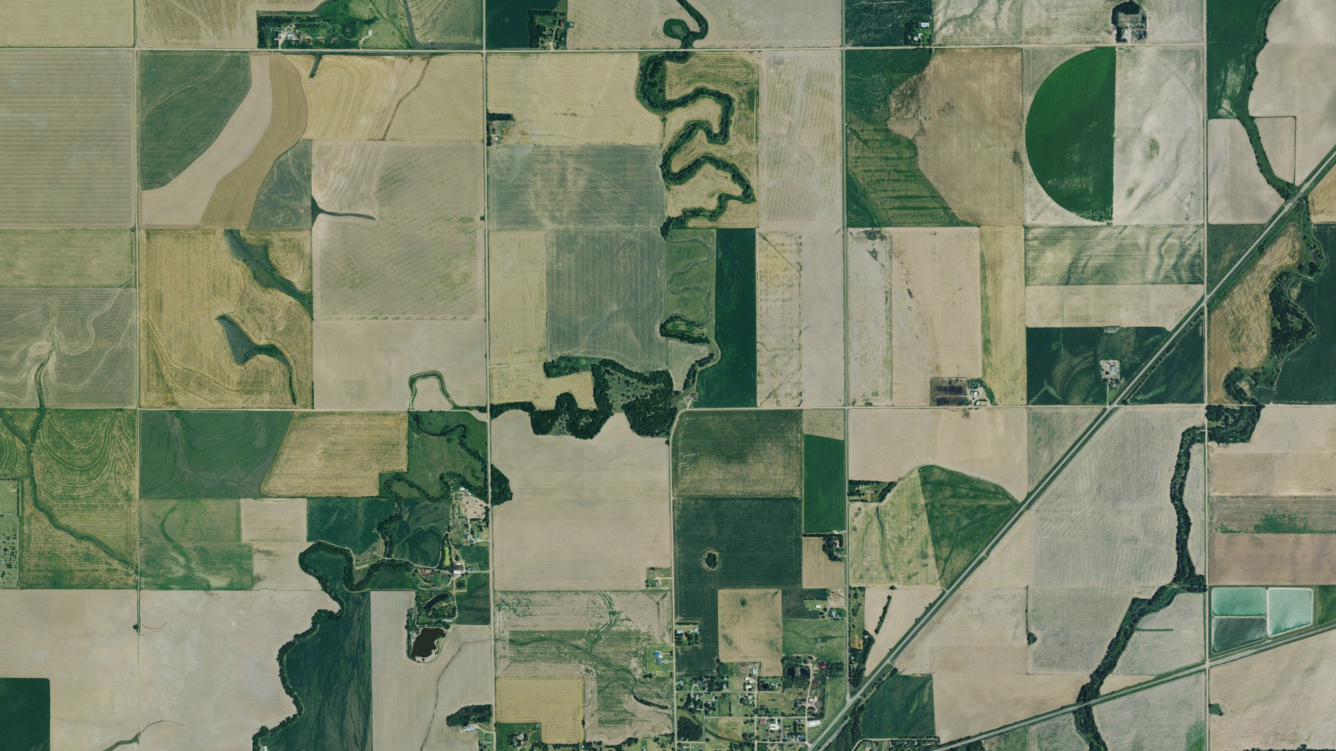 Aerial view of land around Kinsley, Kansas