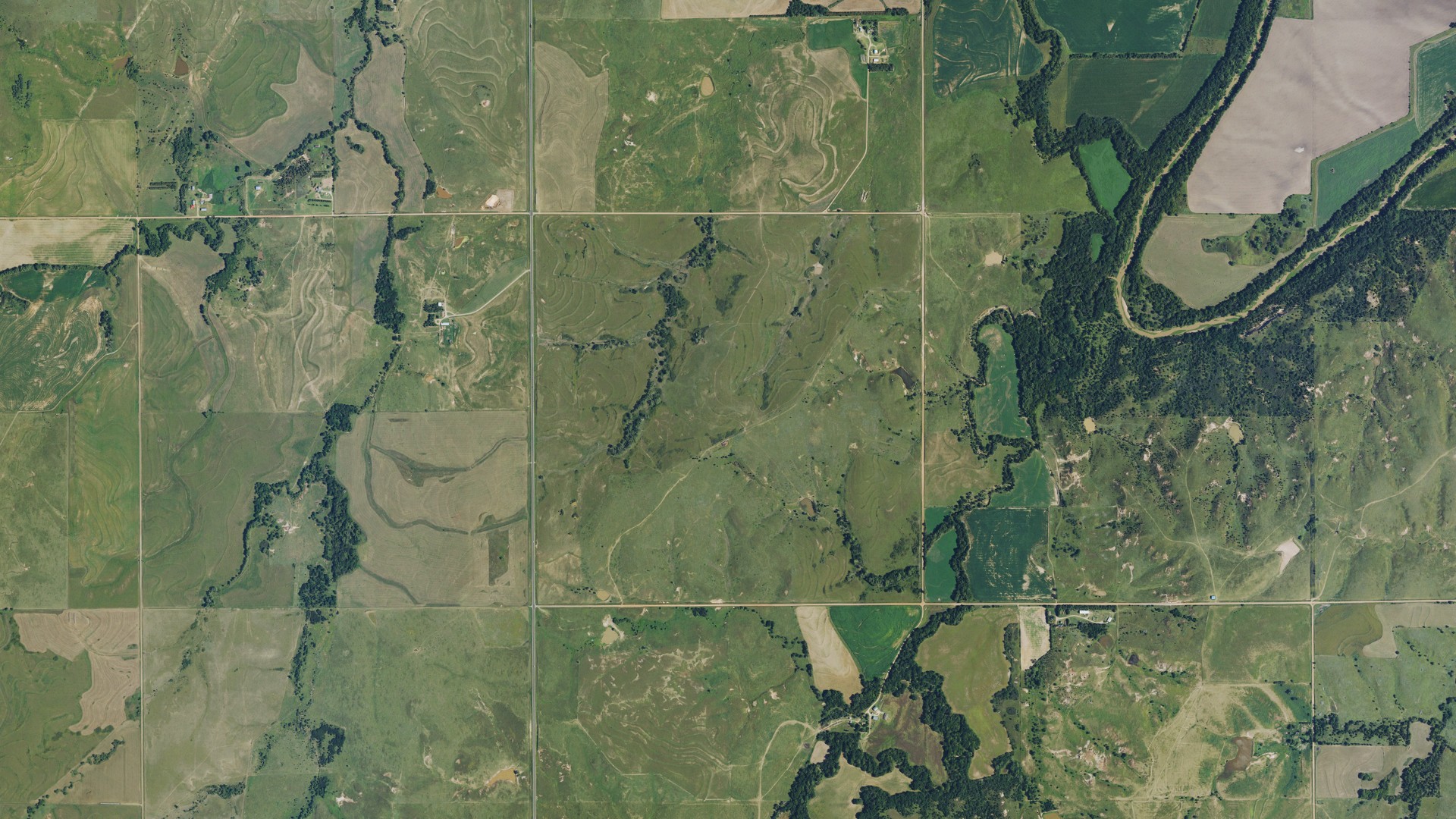 Aerial view of land around Ash Creek, Kansas
