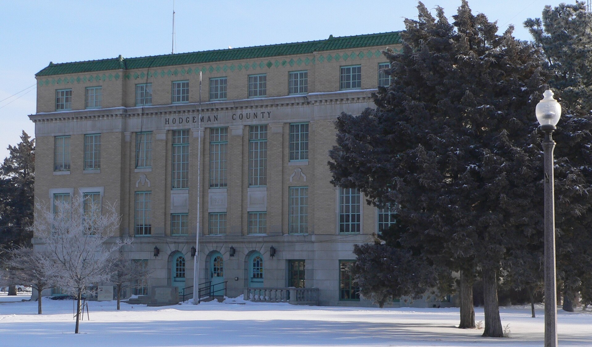 Hodgeman County Courthouse in Jetmore, Kansas; seen from the southwest.