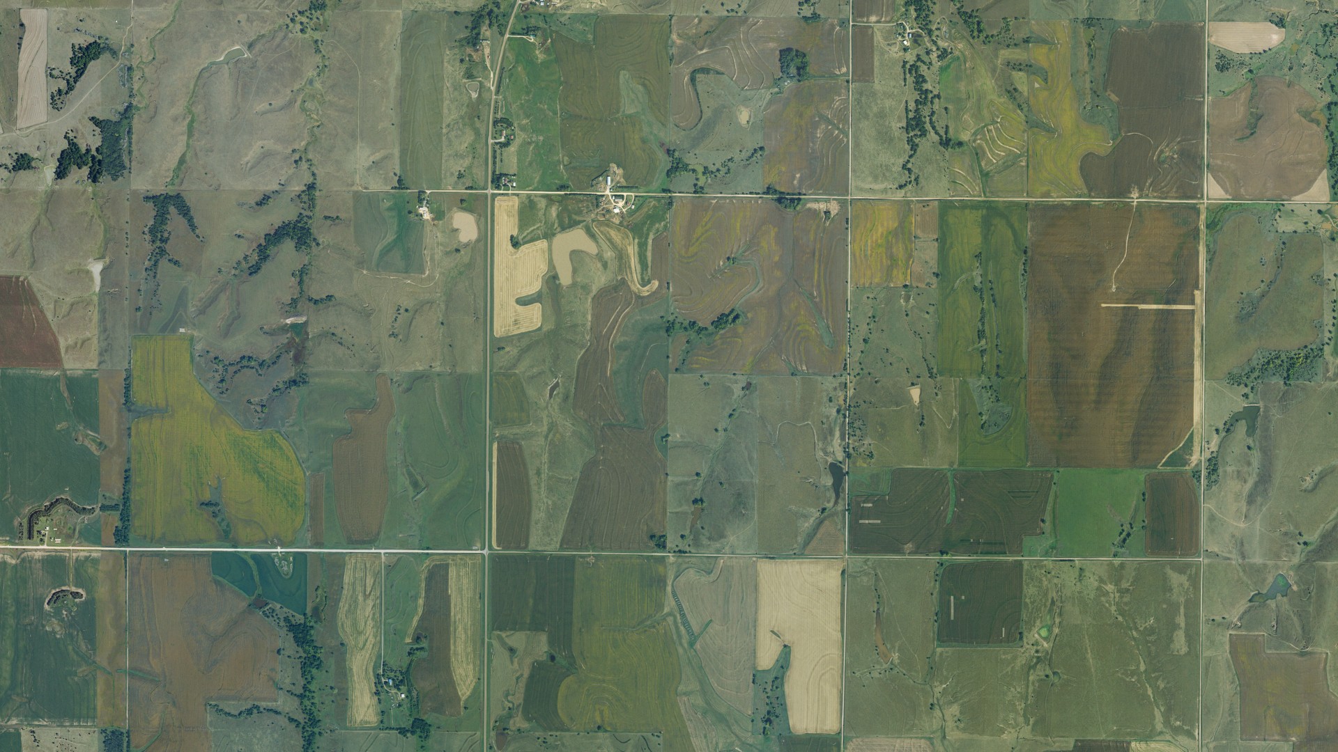 Aerial view of land around Montana, Kansas