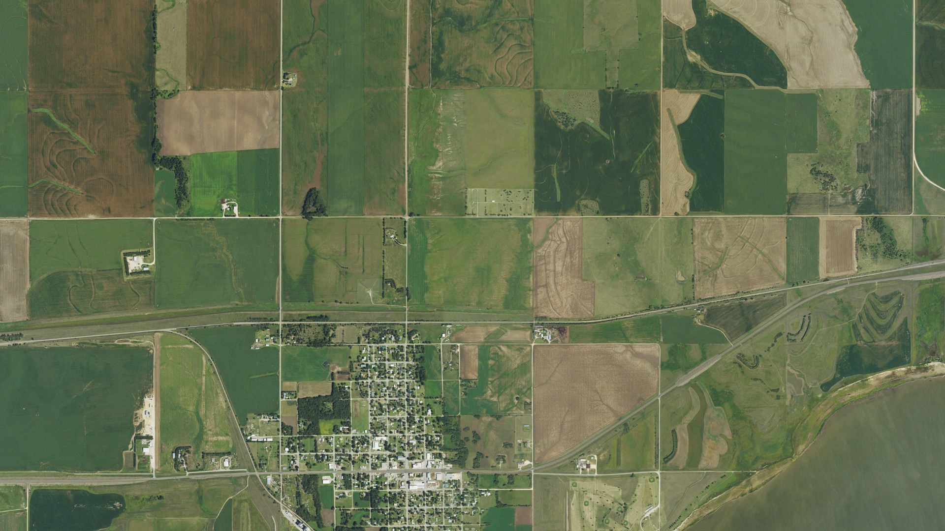 Natural-color aerial photograph of land around Cawker, Kansas