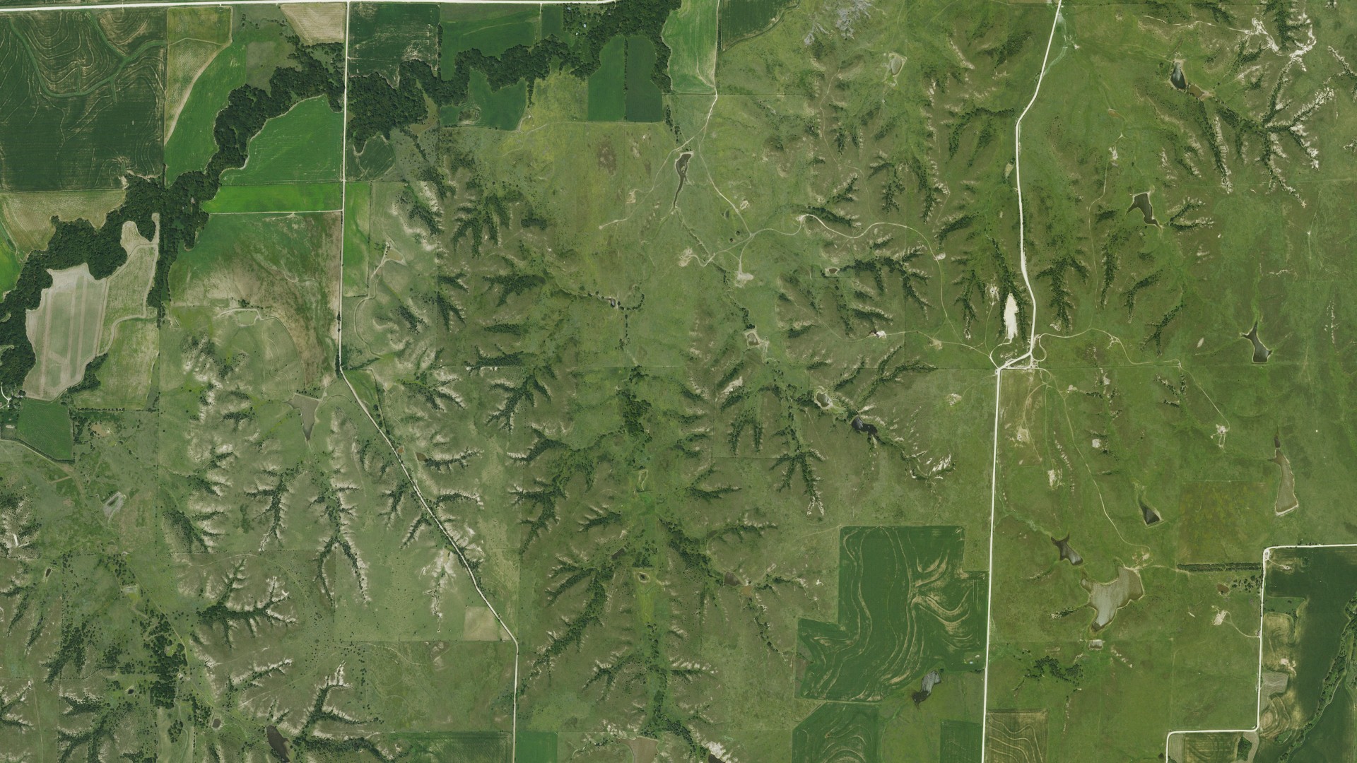 Aerial view of land around Kill Creek, Kansas