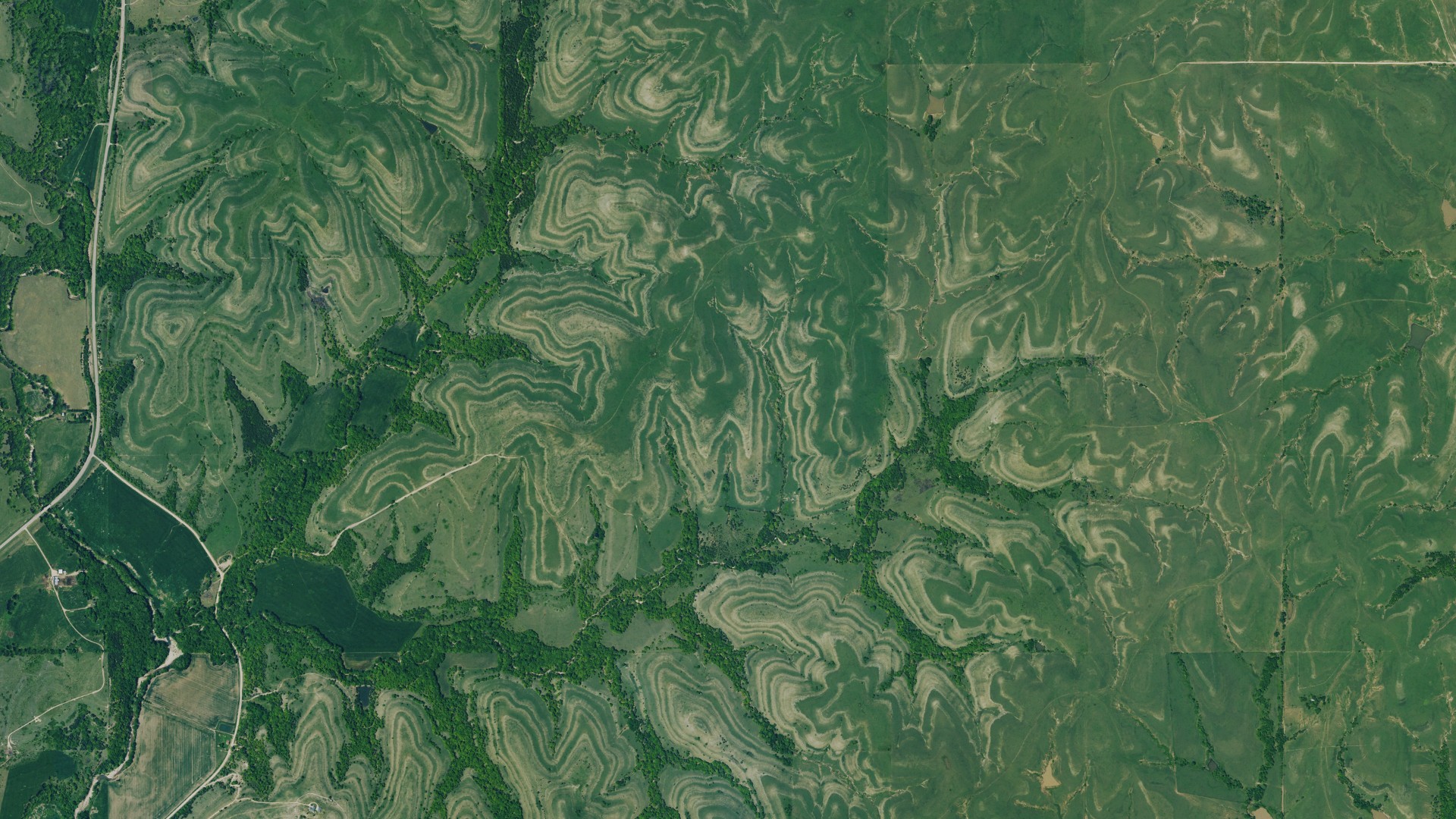 Aerial view of land around Blue, Kansas