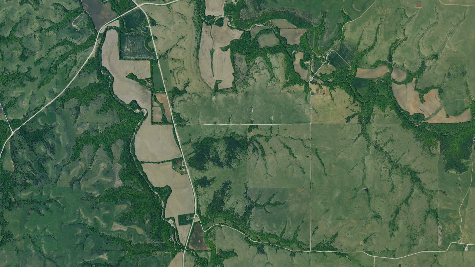 Natural-color aerial photograph of land around Spring Creek, Kansas