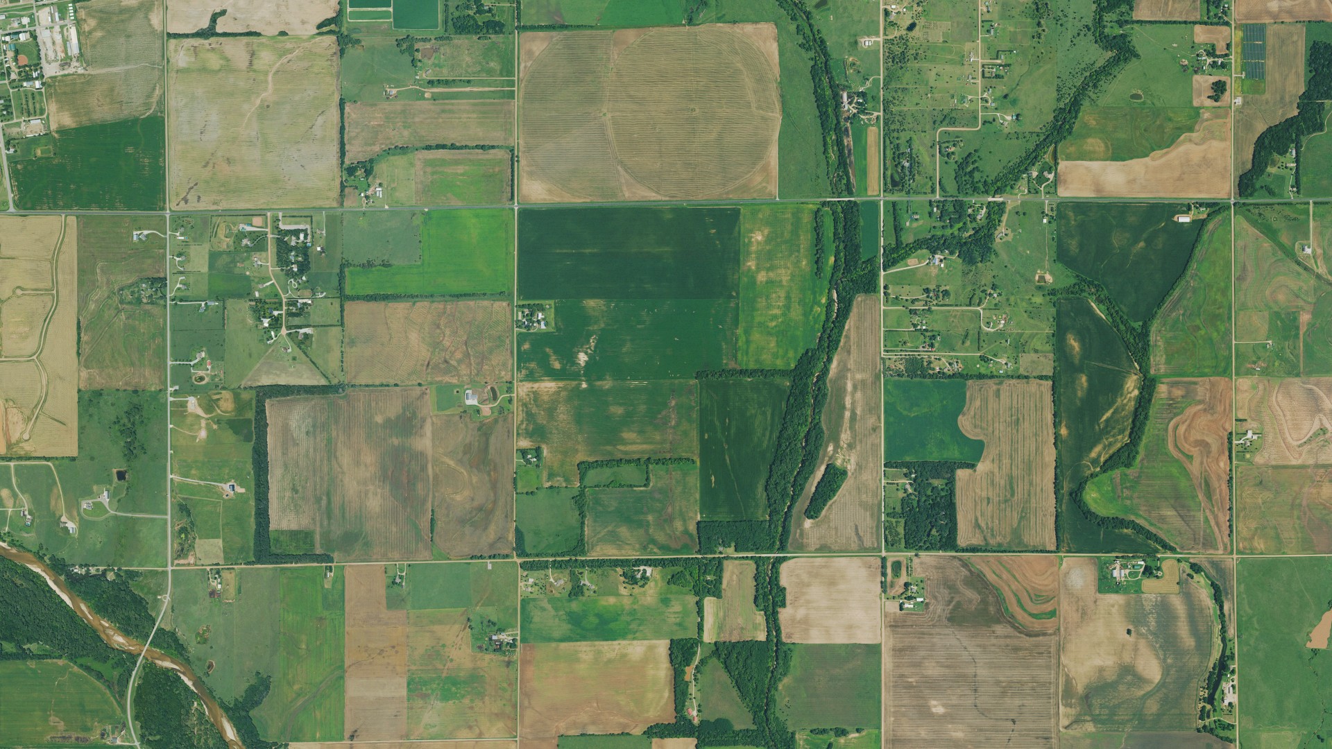 Natural-color aerial photograph of land around Morton, Kansas